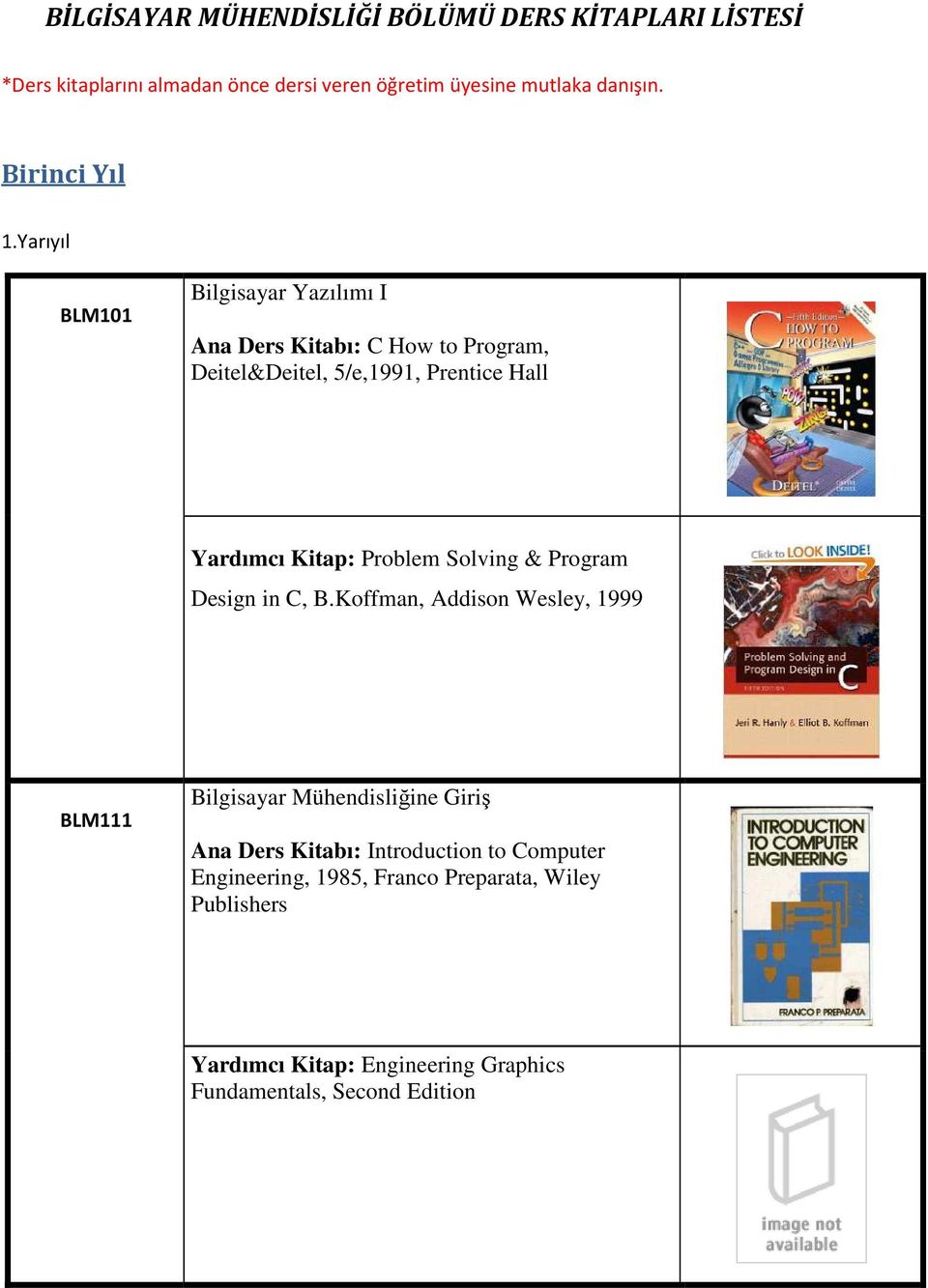 Yarıyıl BLM101 Bilgisayar Yazılımı I Ana Ders Kitabı: C How to Program, Deitel&Deitel, 5/e,1991, Prentice Hall Yardımcı Kitap: Problem