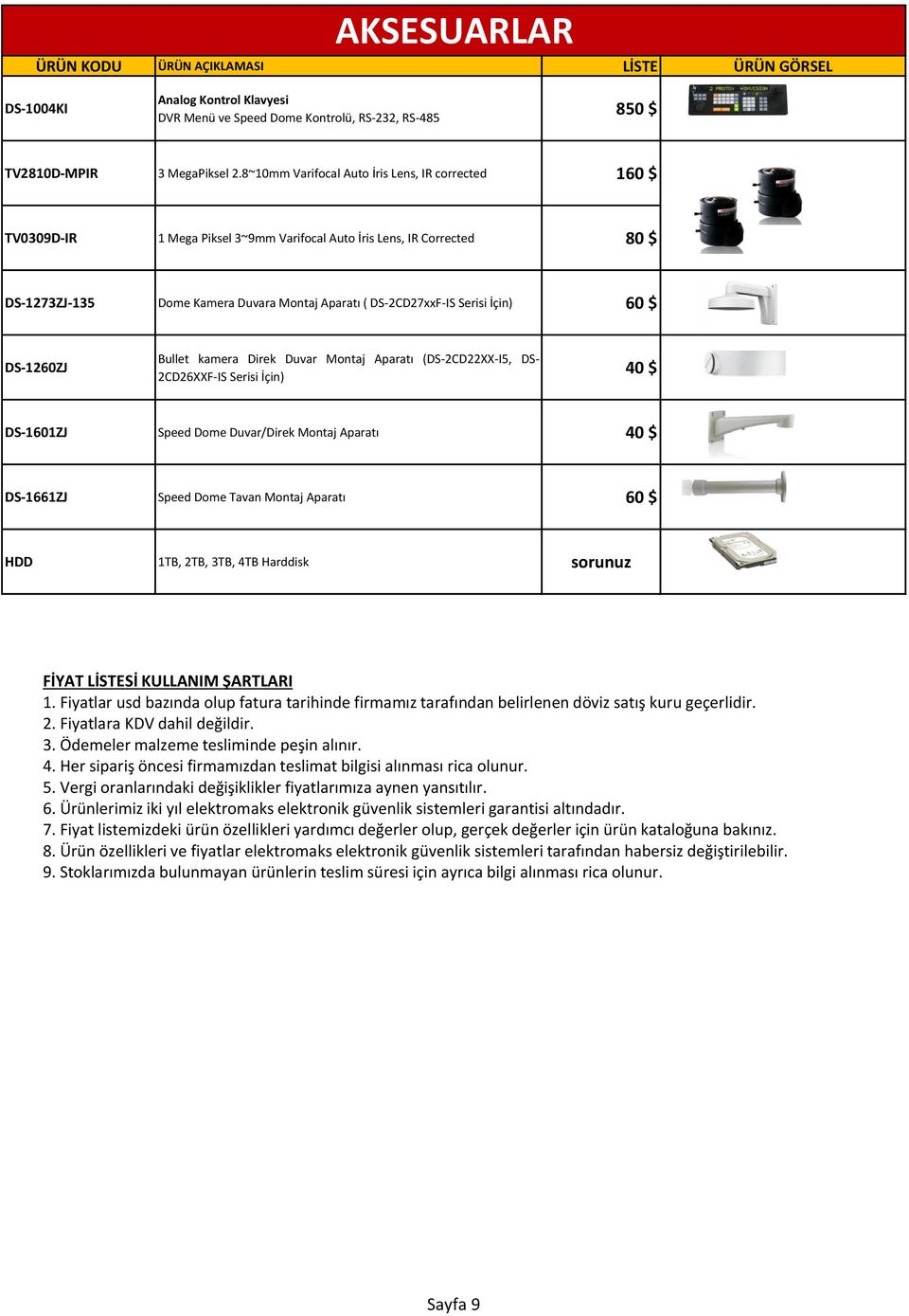 İçin) 60 $ DS-1260ZJ Bullet kamera Direk Duvar Montaj Aparatı (DS-2CD22XX-I5, DS- 2CD26XXF-IS Serisi İçin) 40 $ DS-1601ZJ Speed Dome Duvar/Direk Montaj Aparatı 40 $ DS-1661ZJ Speed Dome Tavan Montaj