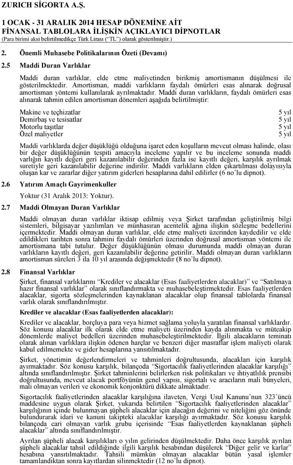 Maddi duran varlıkların, faydalı ömürleri esas alınarak tahmin edilen amortisman dönemleri aşağıda belirtilmiştir: Makine ve teçhizatlar Demirbaş ve tesisatlar Motorlu taşıtlar Özel maliyetler 5 yıl