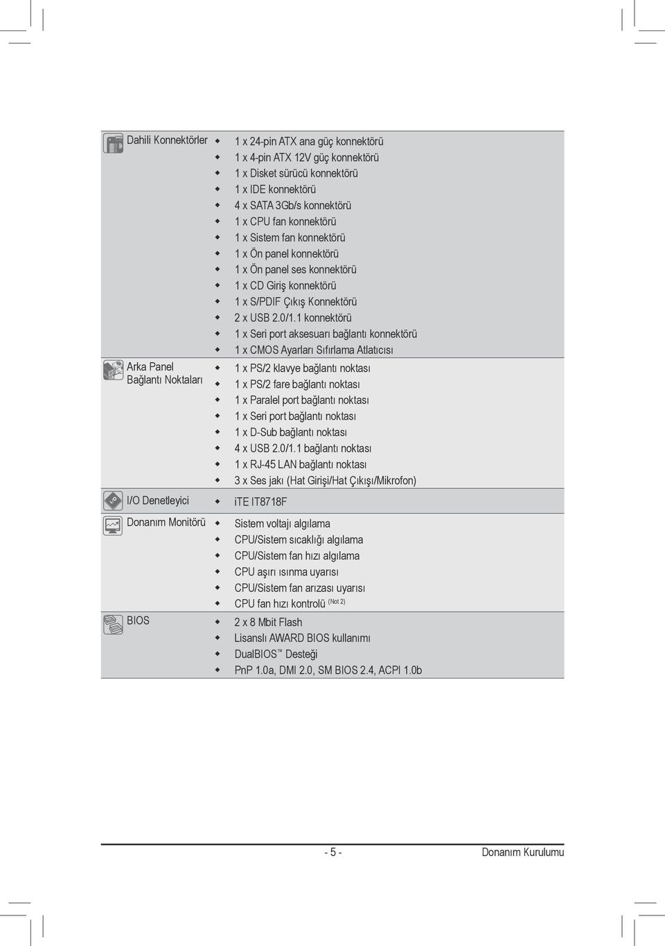 konnektörü x Seri port aksesuarı bağlantı konnektörü x CMOS Ayarları Sıfırlama Atlatıcısı Arka Panel x PS/2 klavye bağlantı noktası Bağlantı Noktaları x PS/2 fare bağlantı noktası x Paralel port