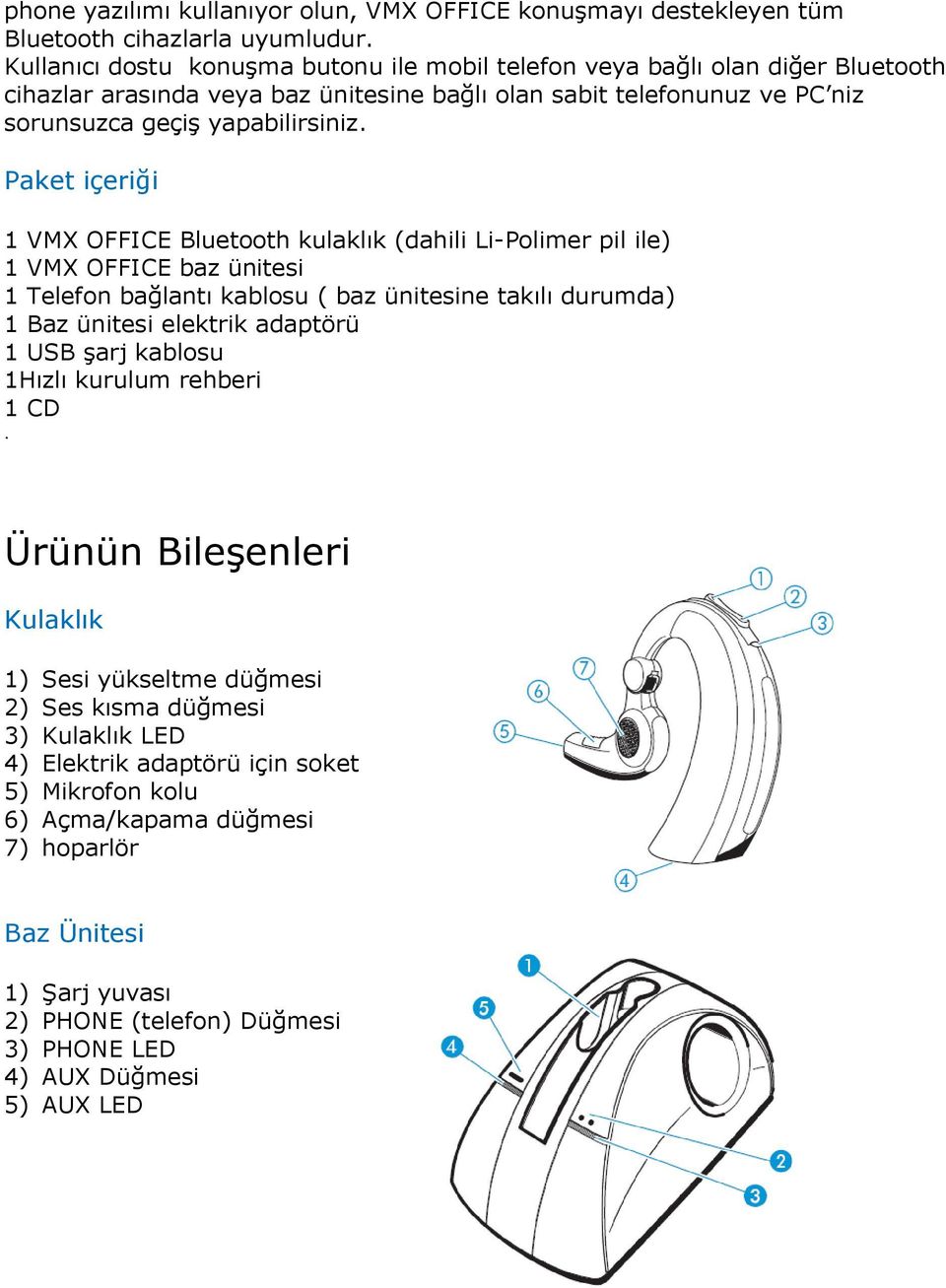 Paket çerğ 1 VMX OFFICE Bluetooth kulaklık (dahl L-Polmer pl le) 1 VMX OFFICE baz üntes 1 Telefon bağlantı kablosu ( baz üntesne takılı durumda) 1 Baz üntes elektrk adaptörü 1 USB şarj