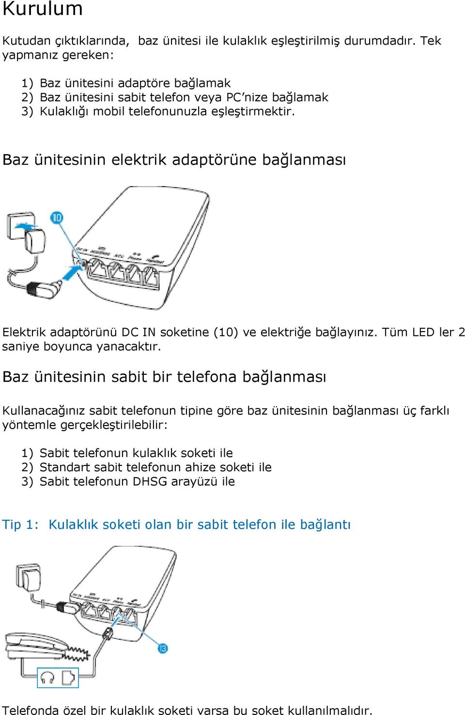 Baz üntesnn elektrk adaptörüne bağlanması Elektrk adaptörünü DC IN soketne (10) ve elektrğe bağlayınız. Tüm LED ler 2 sanye boyunca yanacaktır.