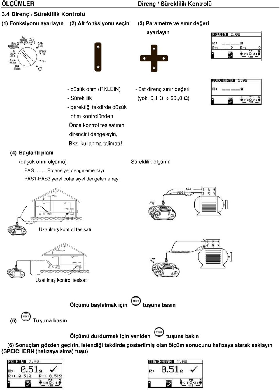 Ω 20.,0 Ω) - gerektiği takdirde düşük ohm kontrolünden Önce kontrol tesisatının direncini dengeleyin, Bkz. kullanma talimatı! (4) Bağlantı planı (düşük ohm ölçümü) Süreklilik ölçümü PAS.