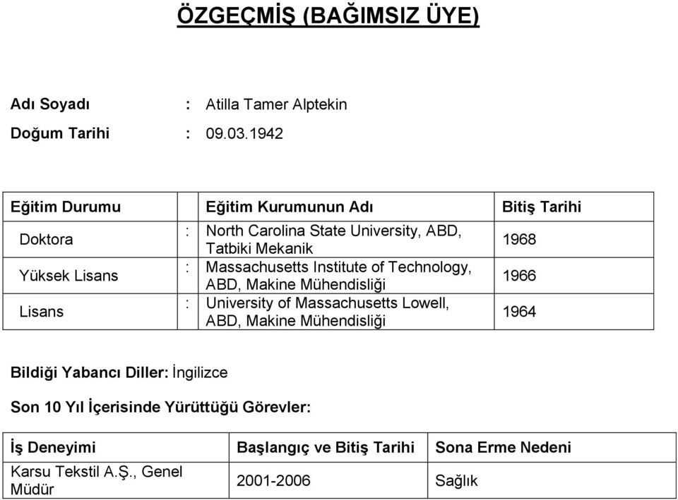 Mekanik : Massachusetts Institute of Technology, ABD, Makine Mühendisliği : University of Massachusetts Lowell, ABD, Makine