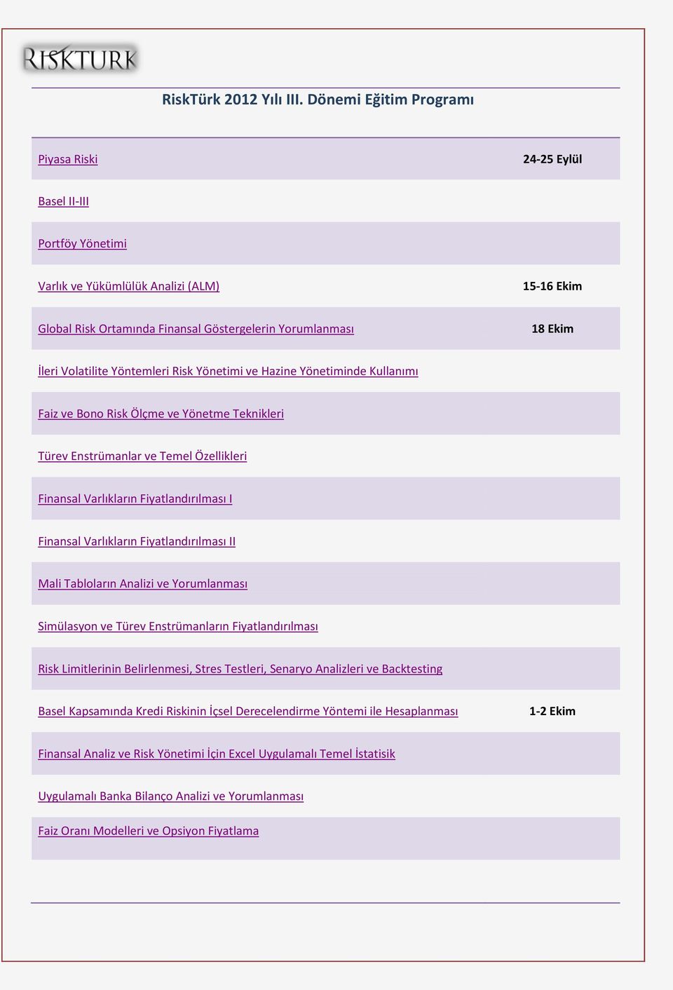 Volatilite Yöntemleri Risk Yönetimi ve Hazine Yönetiminde Kullanımı Faiz ve Bono Risk Ölçme ve Yönetme Teknikleri Türev Enstrümanlar ve Temel Özellikleri Finansal Varlıkların Fiyatlandırılması I