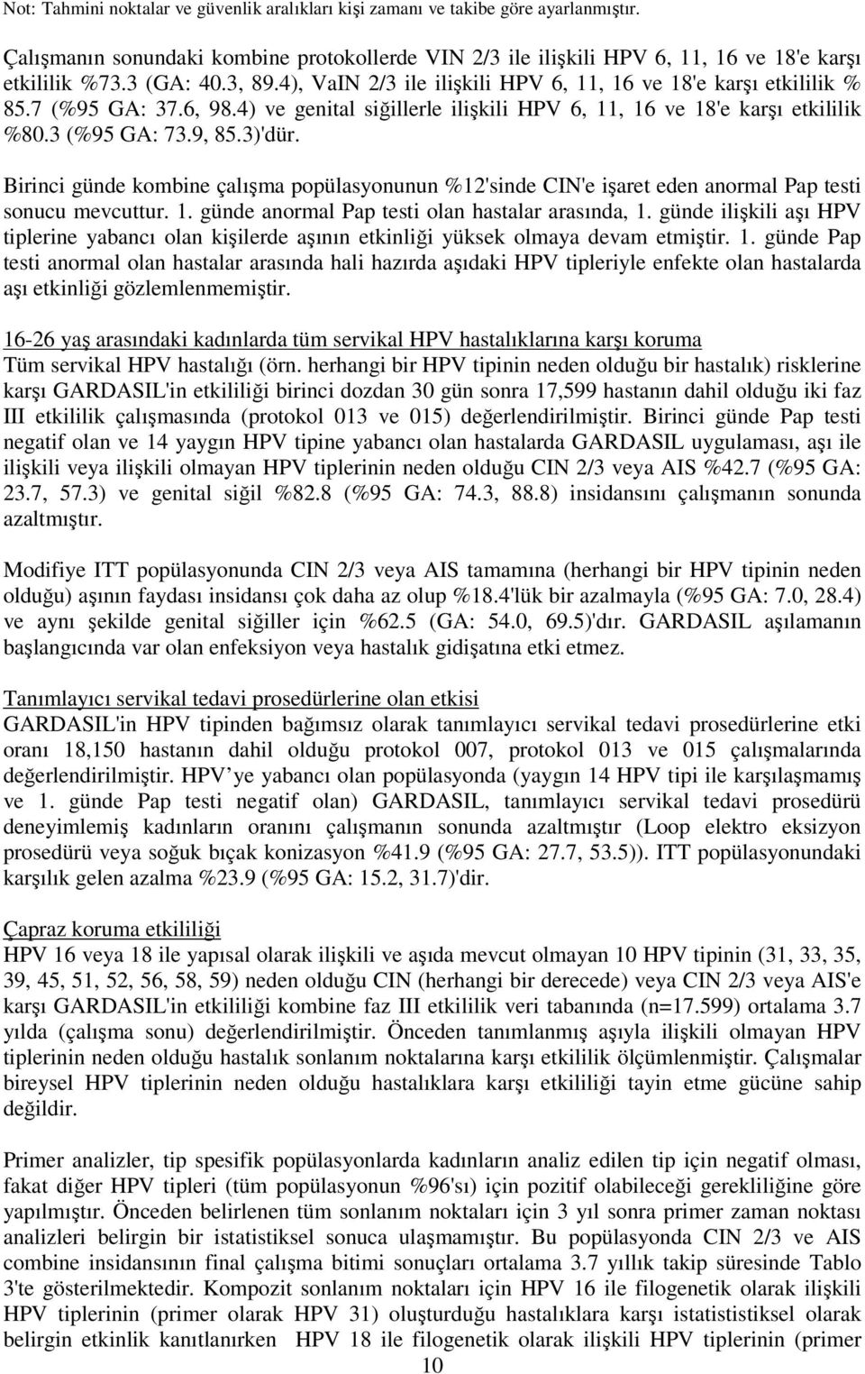 9, 85.3)'dür. Birinci günde kombine çalışma popülasyonunun %12'sinde CIN'e işaret eden anormal Pap testi sonucu mevcuttur. 1. günde anormal Pap testi olan hastalar arasında, 1.