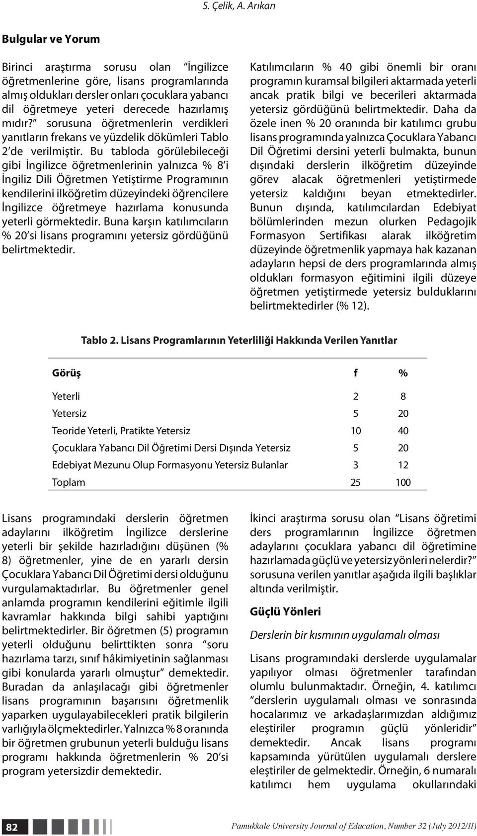 mıdır? sorusuna öğretmenlerin verdikleri yanıtların frekans ve yüzdelik dökümleri Tablo 2 de verilmiştir.