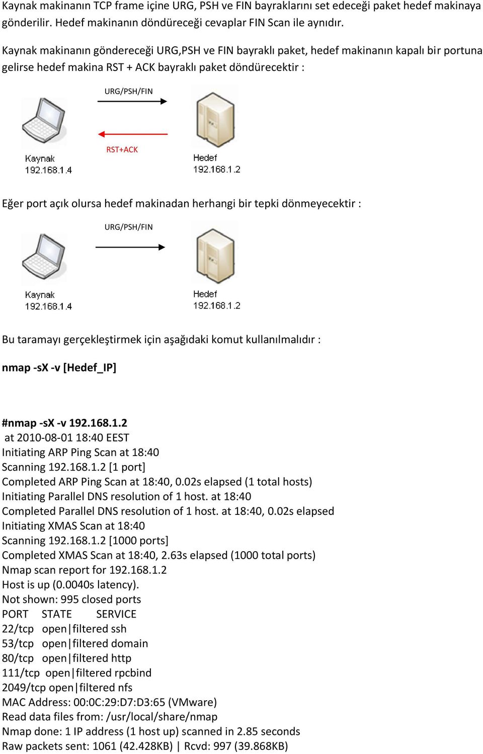 hedef makinadan herhangi bir tepki dönmeyecektir : URG/PSH/FIN Bu taramayı gerçekleştirmek için aşağıdaki komut kullanılmalıdır : nmap -sx -v [Hedef_IP] #nmap -sx -v 19