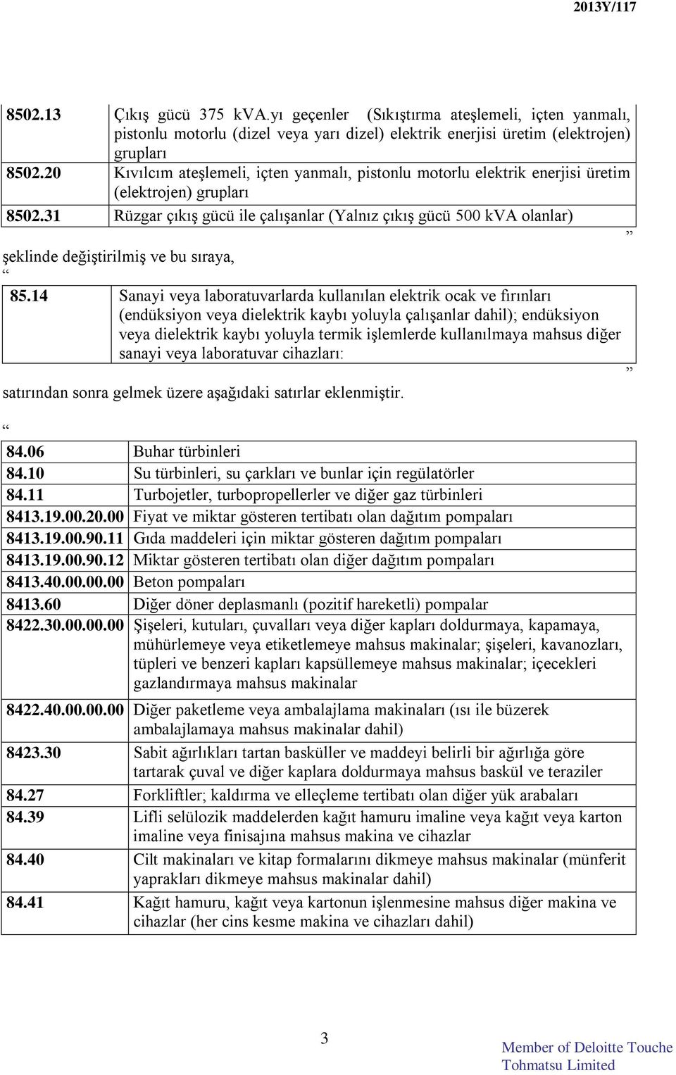 31 Rüzgar çıkış gücü ile çalışanlar (Yalnız çıkış gücü 500 kva olanlar) şeklinde değiştirilmiş ve bu sıraya, 85.