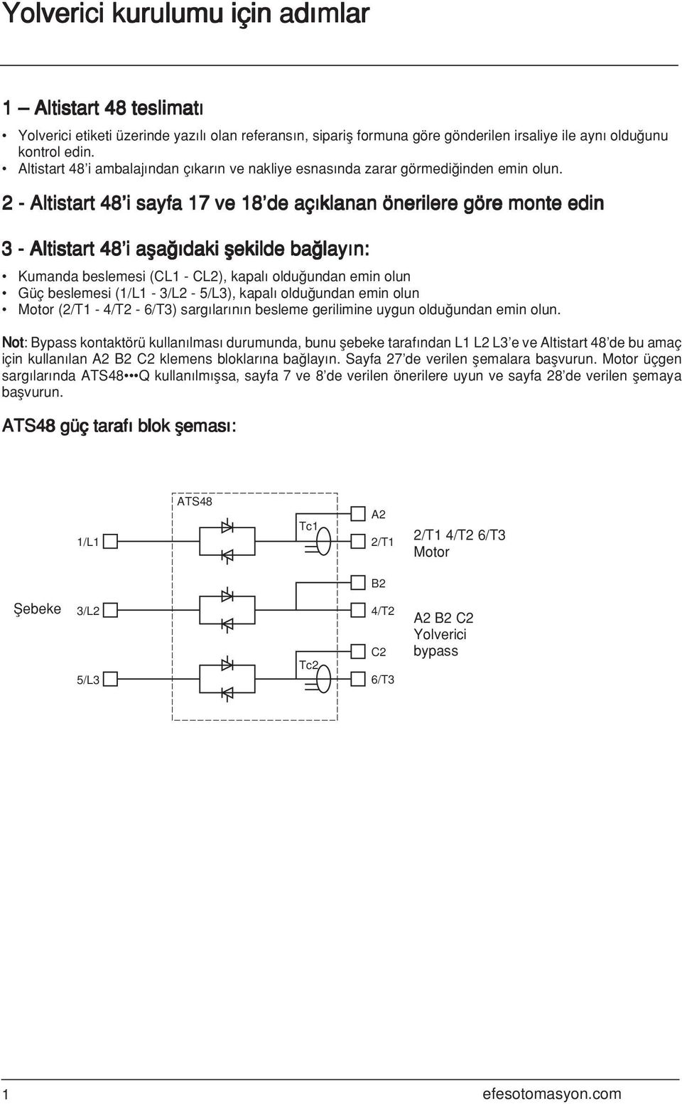2 - Altistart 48 i sayfa 17 ve 18 de aç klanan önerilere göre monte edin 3 - Altistart 48 i afla daki flekilde ba lay n: Kumanda beslemesi (CL1 - CL2), kapal oldu undan emin olun Güç beslemesi