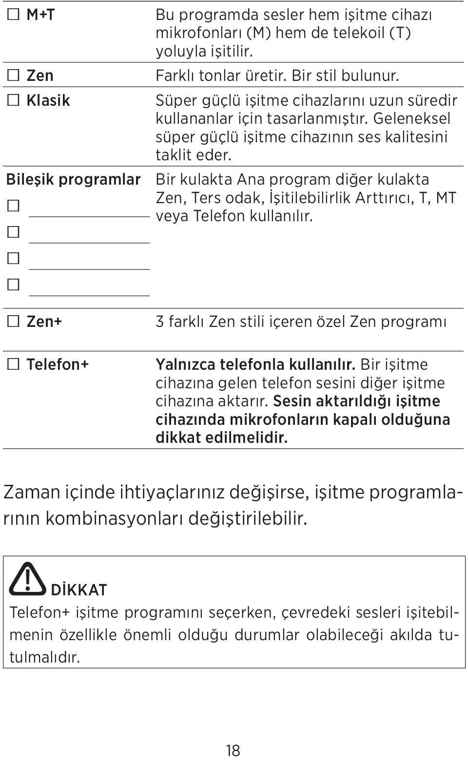 Bir kulakta Ana program diğer kulakta Zen, Ters odak, İşitilebilirlik Arttırıcı, T, MT veya Telefon kullanılır. 3 farklı Zen stili içeren özel Zen programı Yalnızca telefonla kullanılır.