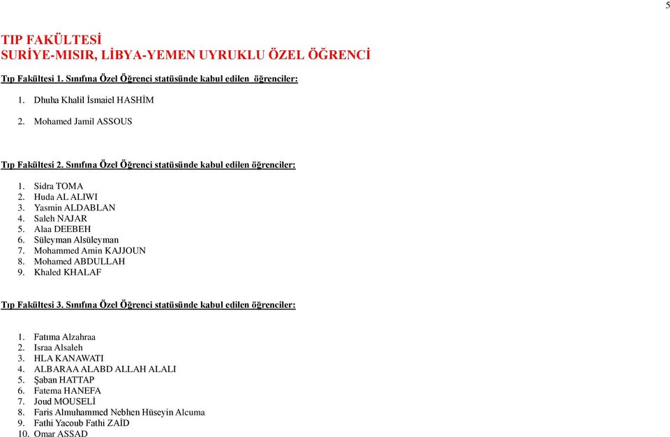 Süleyman Alsüleyman 7. Mohammed Amin KAJJOUN 8. Mohamed ABDULLAH 9. Khaled KHALAF Tıp Fakültesi 3. Sınıfına Özel Öğrenci statüsünde kabul edilen öğrenciler: 1. Fatıma Alzahraa 2.