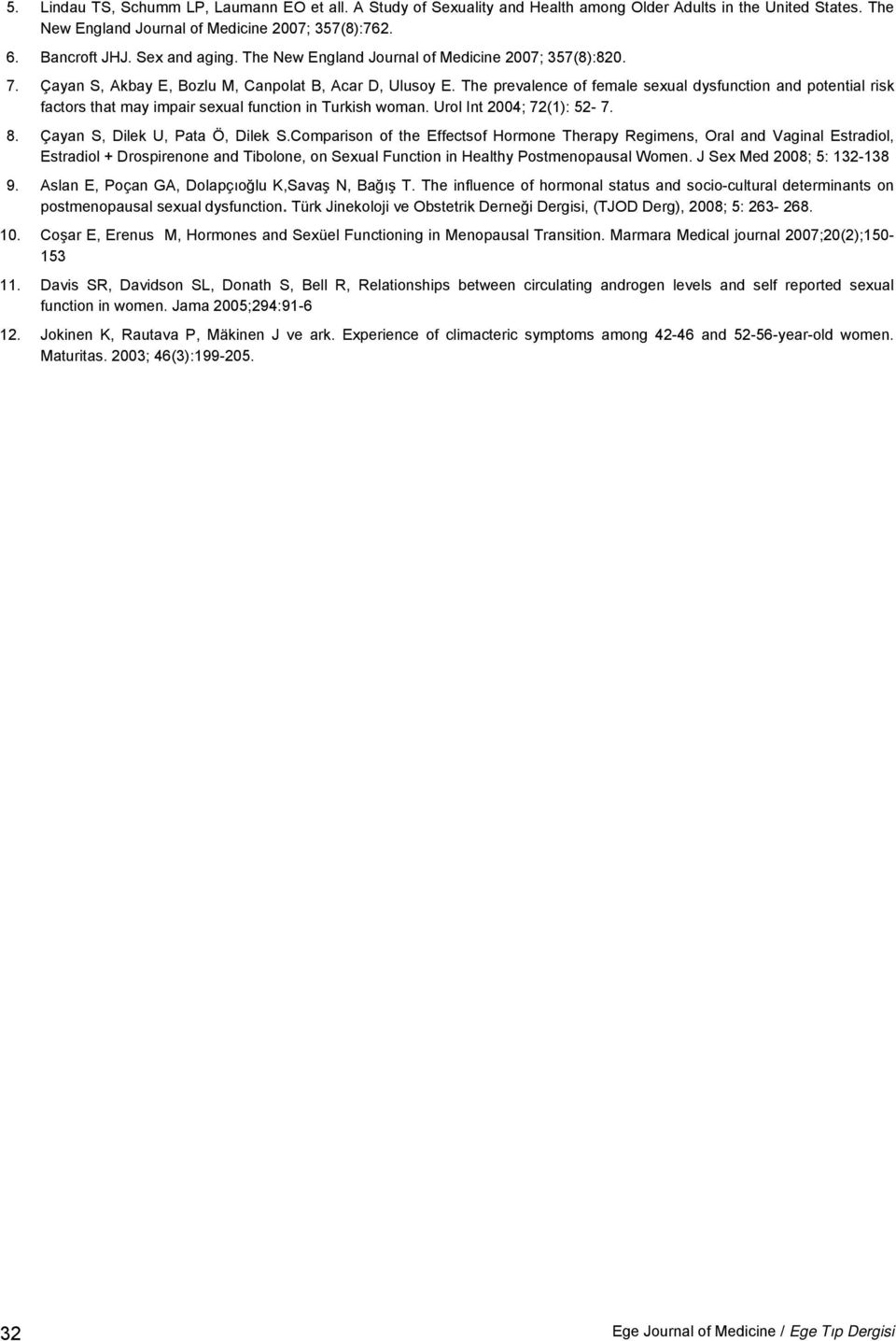 The prevalence of female sexual dysfunction and potential risk factors that may impair sexual function in Turkish woman. Urol Int 2004; 72(1): 52-7. 8. Çayan S, Dilek U, Pata Ö, Dilek S.