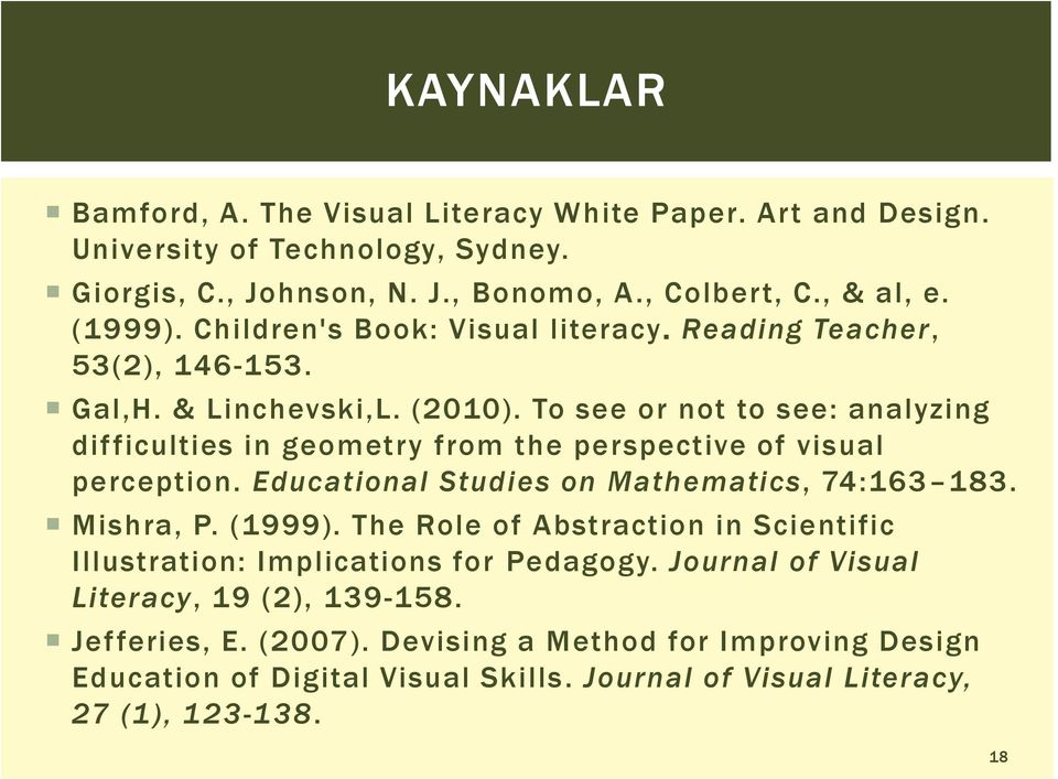 To see or not to see: analyzing difficulties in geometry from the perspective of visual perception. Educational Studies on Mathematics, 74:163 183. Mishra, P. (1999).