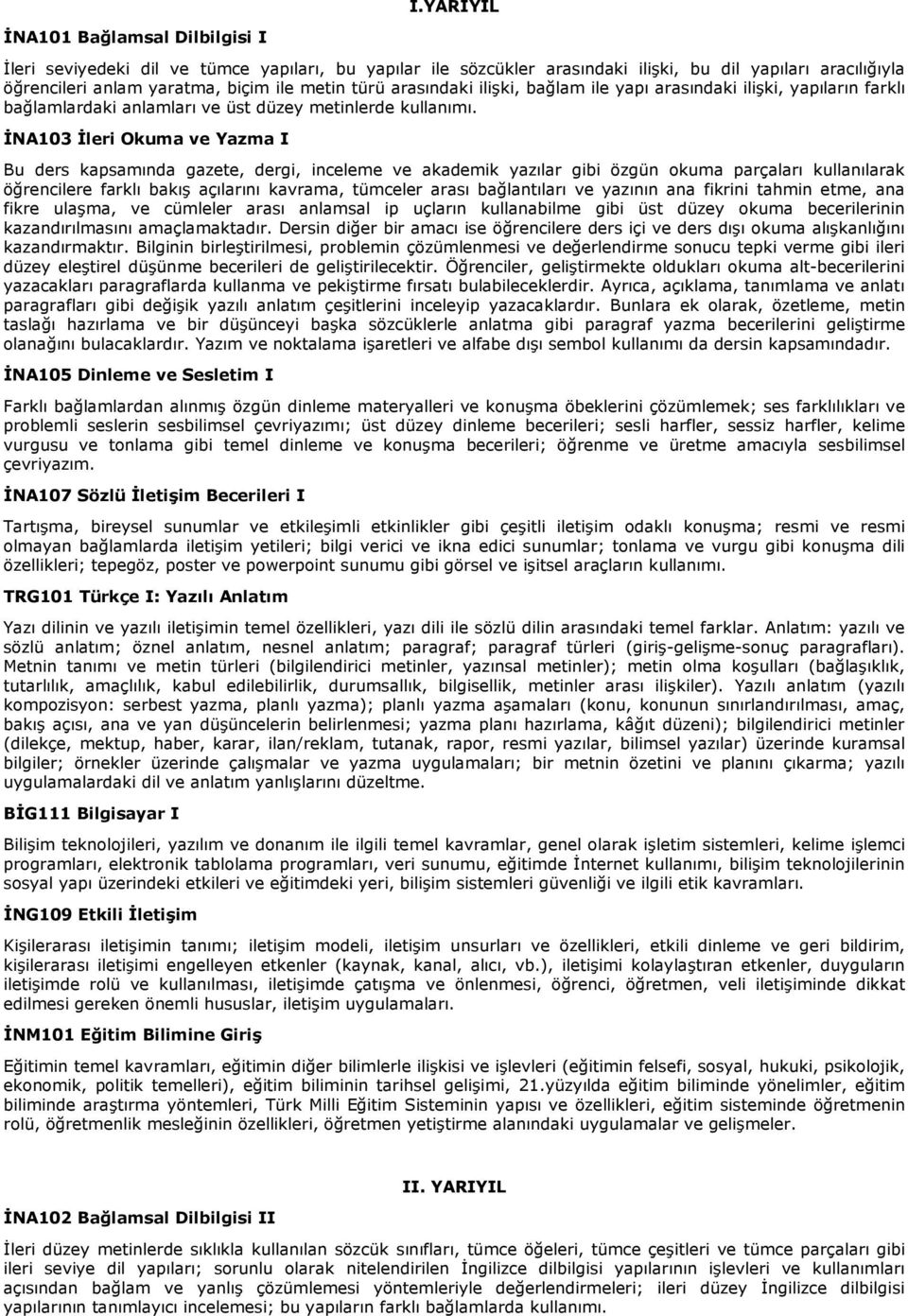 ĐNA103 Đleri Okuma ve Yazma I Bu ders kapsamında gazete, dergi, inceleme ve akademik yazılar gibi özgün okuma parçaları kullanılarak öğrencilere farklı bakış açılarını kavrama, tümceler arası