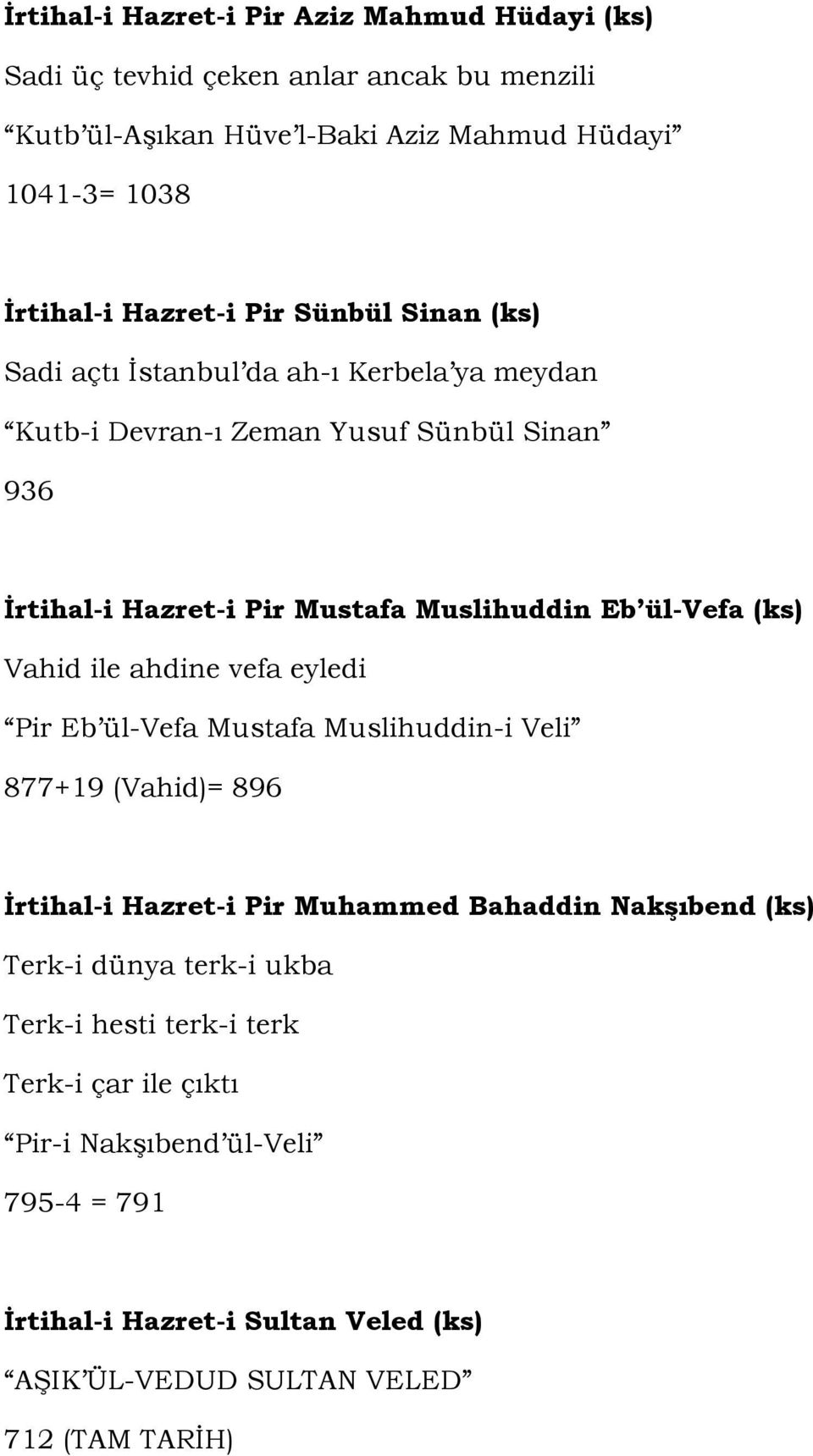 (ks) Vahid ile ahdine vefa eyledi Pir Eb ül-vefa Mustafa Muslihuddin-i Veli 877+19 (Vahid)= 896 İrtihal-i Hazret-i Pir Muhammed Bahaddin Nakşıbend (ks) Terk-i dünya