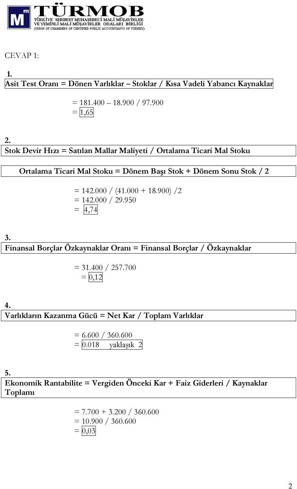 900) /2 = 142.000 / 29.950 = 4,74 3. Finansal Borçlar Özkaynaklar Oranı = Finansal Borçlar / Özkaynaklar = 31.400 / 257.700 = 0,12 4.