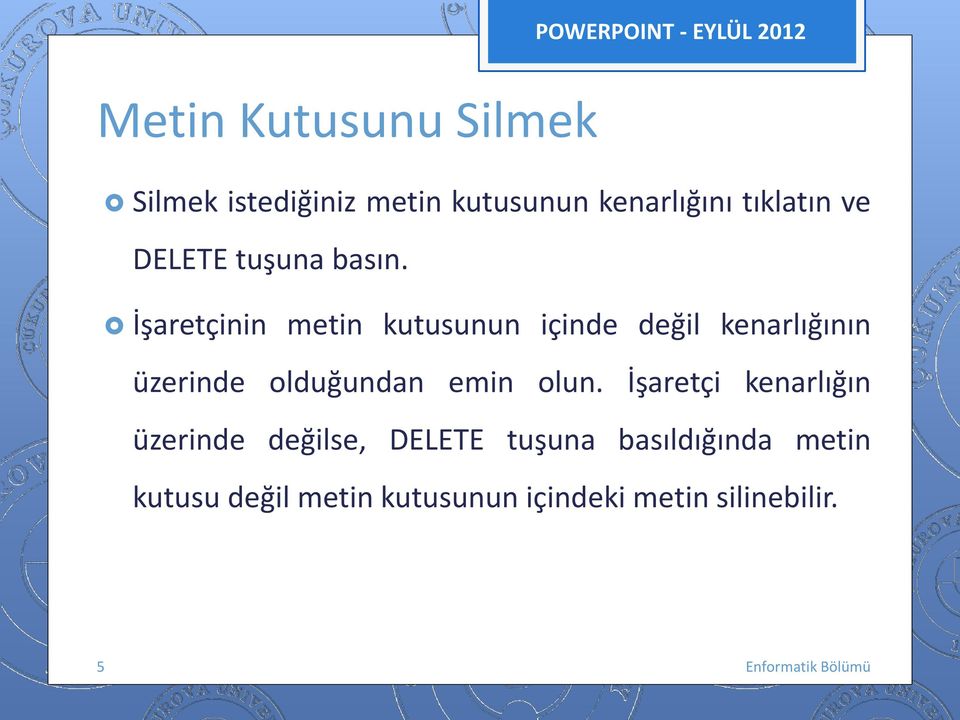 İşaretçinin metin kutusunun içinde değil kenarlığının üzerinde lduğundan emin