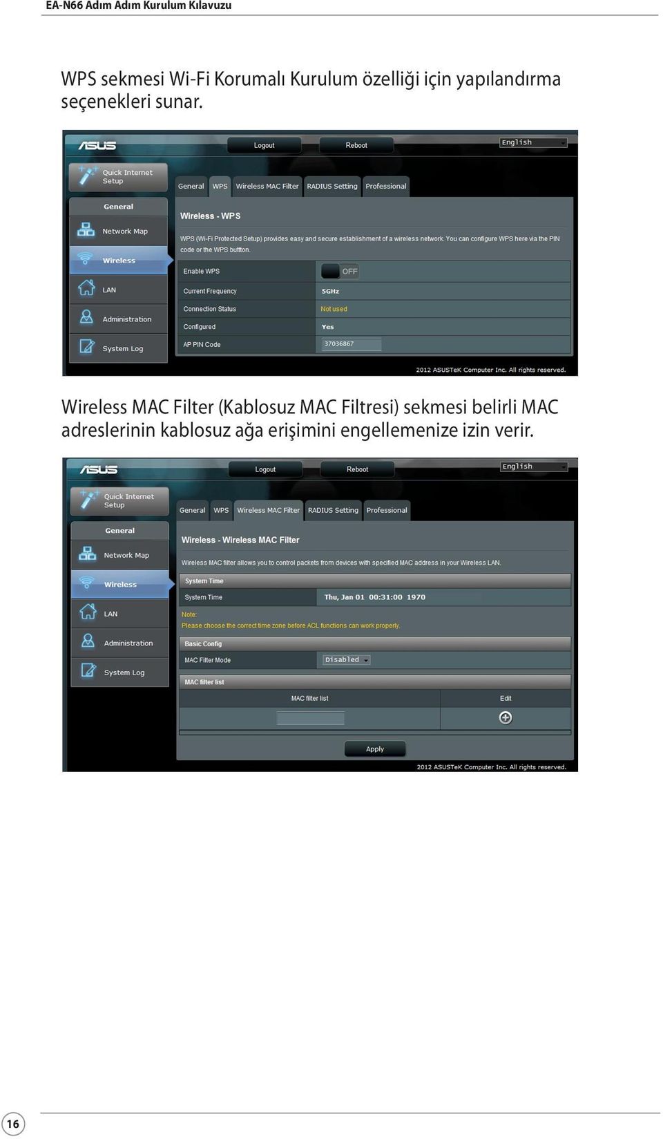 Wireless MAC Filter (Kablosuz MAC Filtresi) sekmesi
