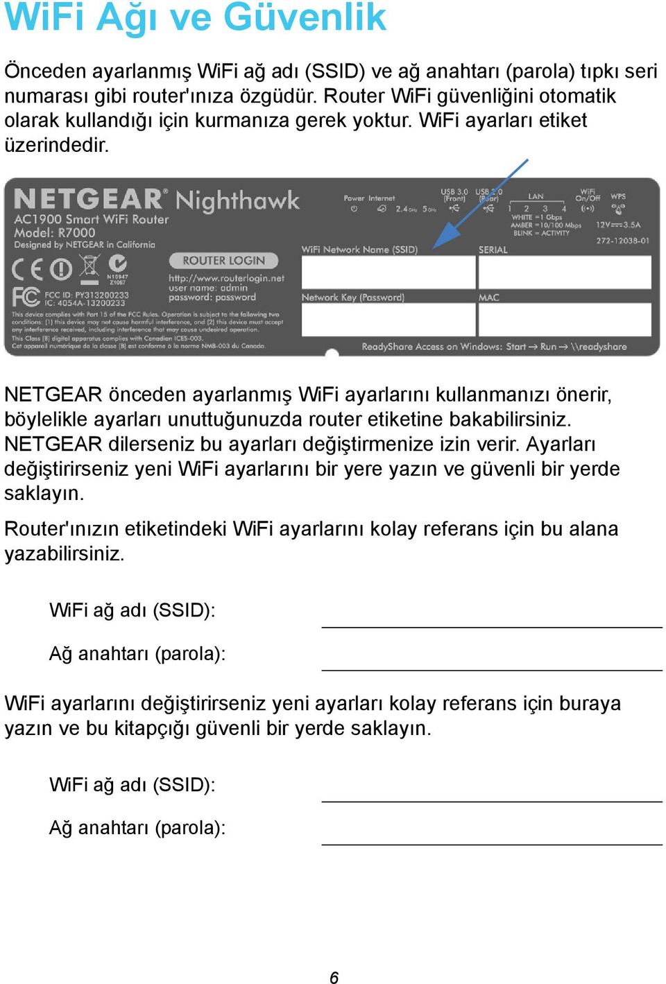 NETGEAR önceden ayarlanmış WiFi ayarlarını kullanmanızı önerir, böylelikle ayarları unuttuğunuzda router etiketine bakabilirsiniz. NETGEAR dilerseniz bu ayarları değiştirmenize izin verir.