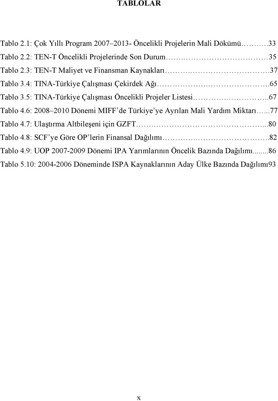 ..67 Tablo 4.6: 2008 2010 Dönemi MIFF de Türkiye ye Ayrılan Mali Yardım Miktarı...77 Tablo 4.7: Ulaştırma Altbileşeni için GZFT....80 Tablo 4.