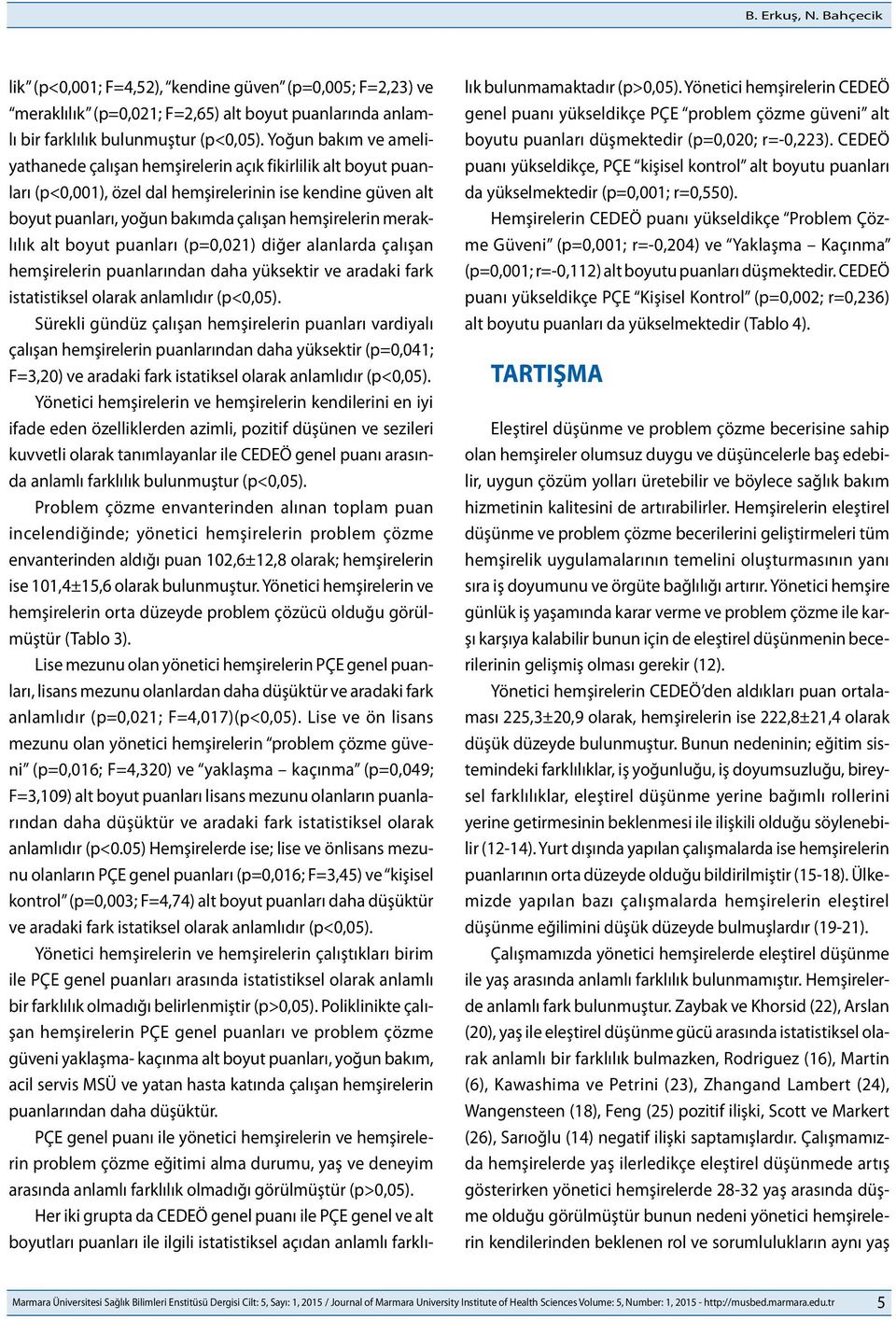 meraklılık alt boyut puanları (p=0,021) diğer alanlarda çalışan hemşirelerin puanlarından daha yüksektir ve aradaki fark istatistiksel olarak anlamlıdır (p<0,05).