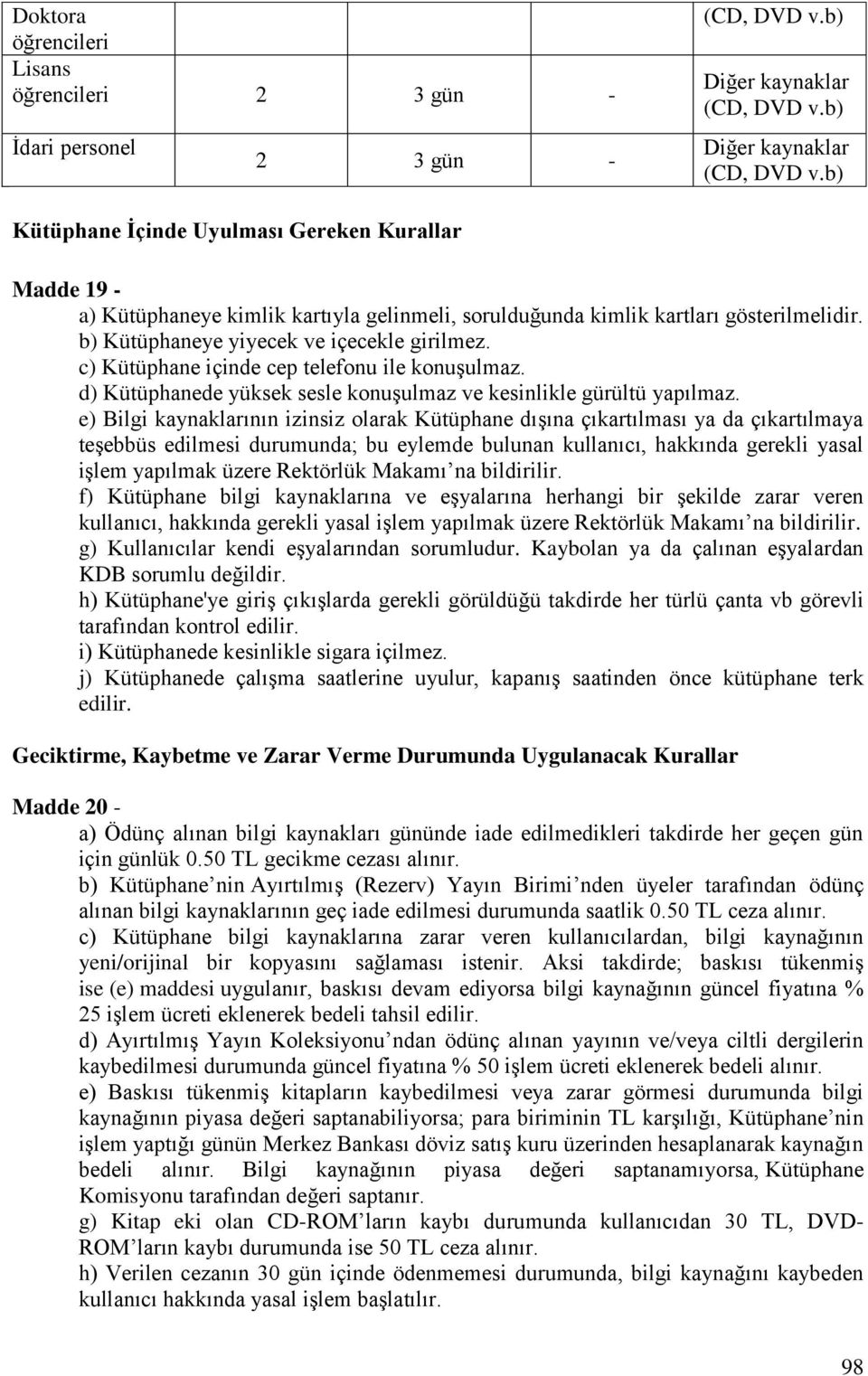 b) Kütüphaneye yiyecek ve içecekle girilmez. c) Kütüphane içinde cep telefonu ile konuşulmaz. d) Kütüphanede yüksek sesle konuşulmaz ve kesinlikle gürültü yapılmaz.