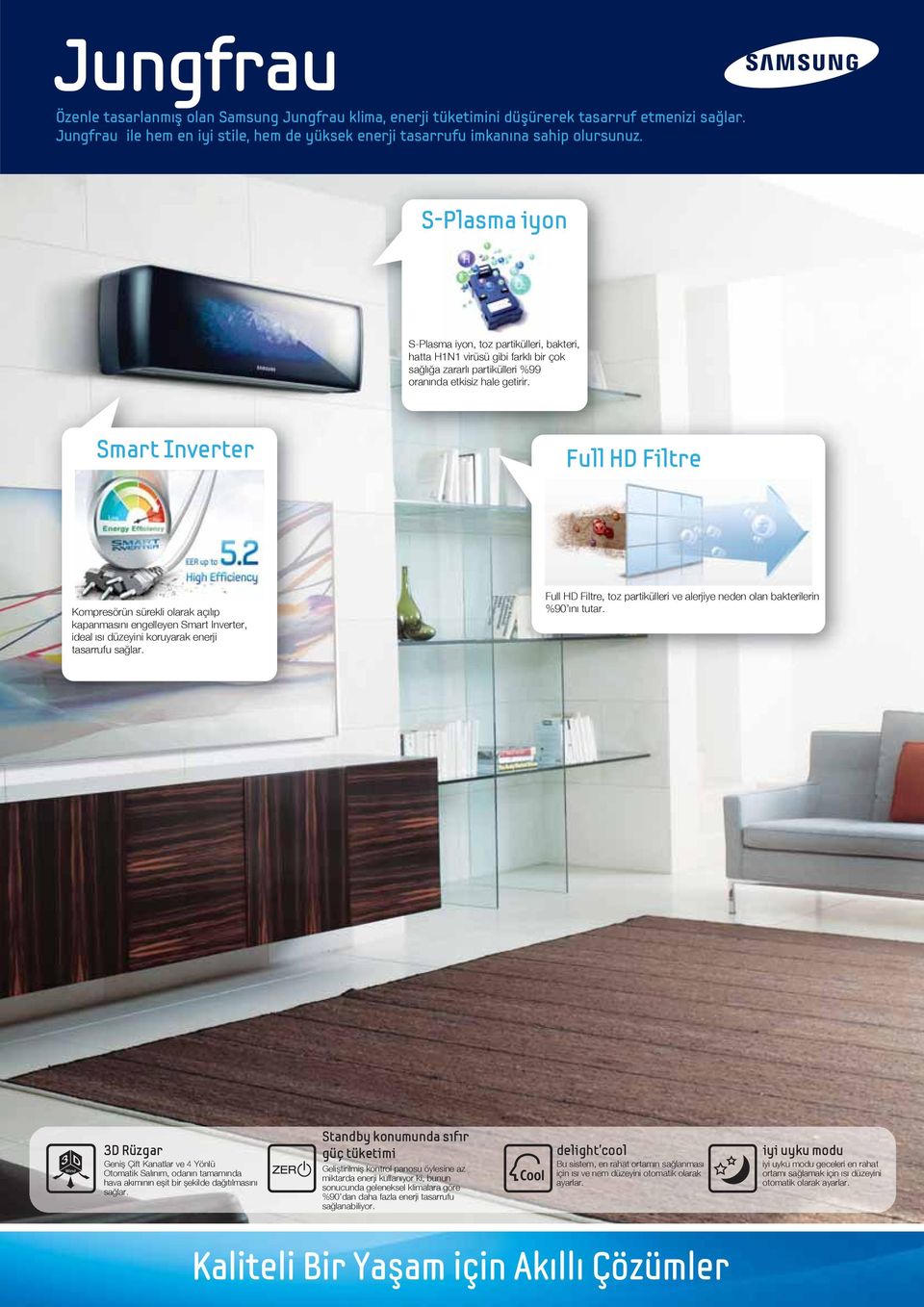 Smart Inverter Full HD Filtre Kompresörün sürekli olarak açılıp kapanmasını engelleyen Smart Inverter, ideal ısı düzeyini koruyarak enerji tasarrufu sağlar.