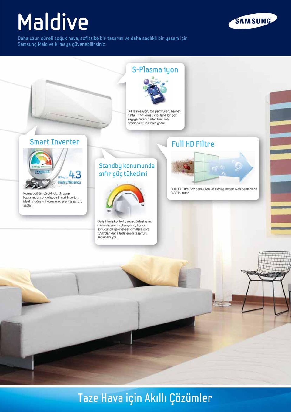 Smart Inverter Full HD Filtre Standby konumunda sıfır güç tüketimi Kompresörün sürekli olarak açılıp kapanmasını engelleyen Smart Inverter, ideal ısı düzeyini koruyarak enerji tasarrufu