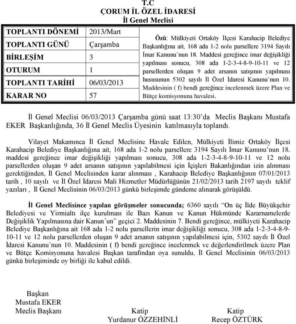 Maddesi gereğince imar değişikliği yapılması sonucu, 308 ada 1-2-3-4-8-9-10-11 ve 12 parsellerden oluşan 9 adet arsanın satışının yapılması hususunun 5302 sayılı İl Özel İdaresi Kanunu nun 10.