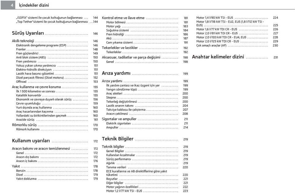 ............................ 150 Fren yardımcısı.................................... 150 Yokuş yukarı çıkma yardımcısı...................... 151 Elektro-hidrolik direksiyon.