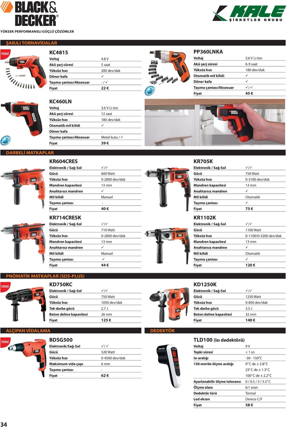 6 V Li-Ion Ak şarj sresi 6-9 saat Yksz hızı 180 dev/dak Otomatik mil kilidi Döner kafa /Aksesuar / 45 DARBELİ MATKAPLAR KR604CRES / Gc 600 Watt Yksz hızı 0-2800 dev/dak 13 mm Mil kilidi Manuel - 40