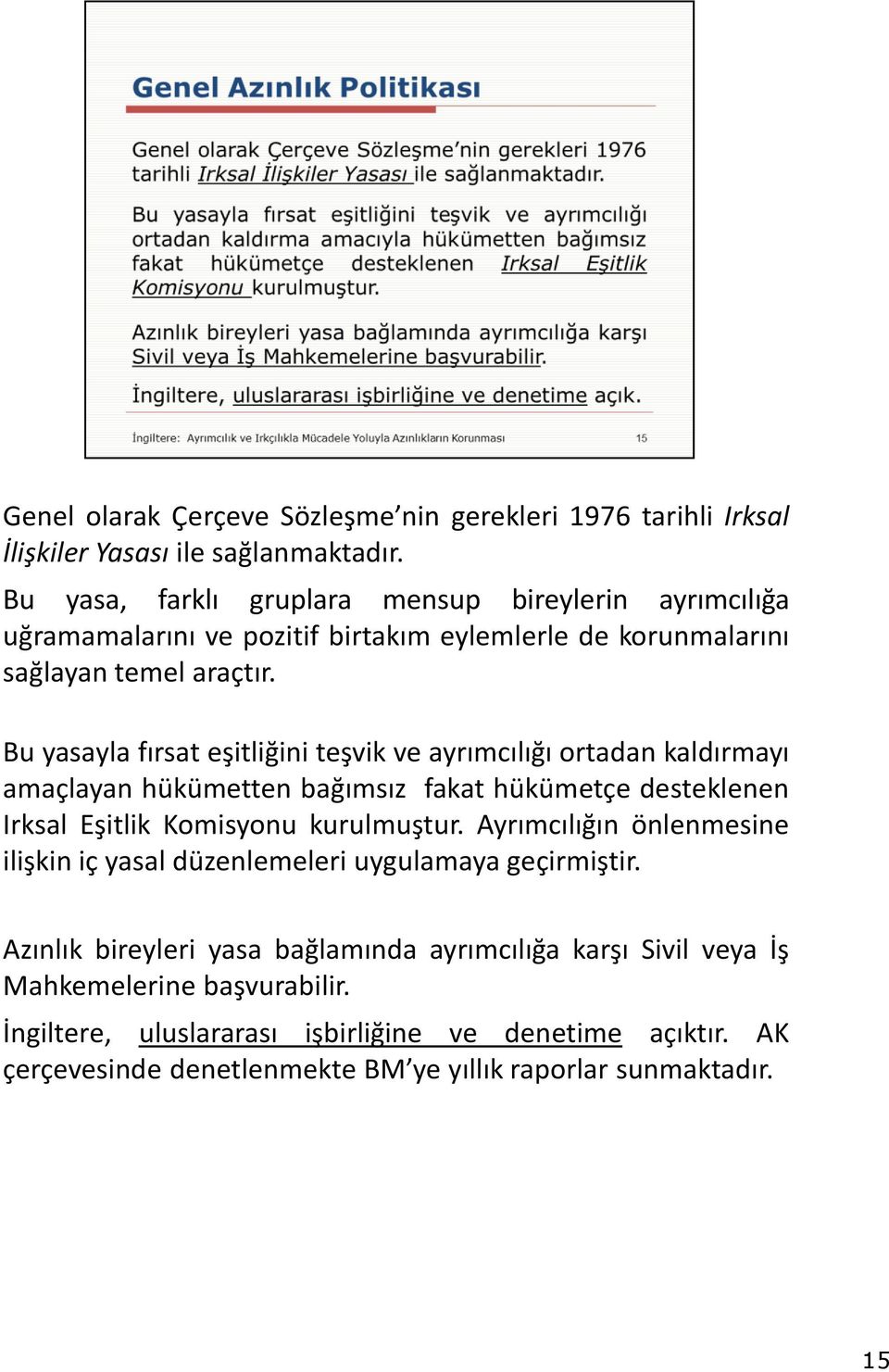 Bu yasayla fırsat eşitliğini teşvik ve ayrımcılığı ortadan kaldırmayı amaçlayan hükümetten bağımsız fakat hükümetçe desteklenen Irksal Eşitlik Komisyonu kurulmuştur.