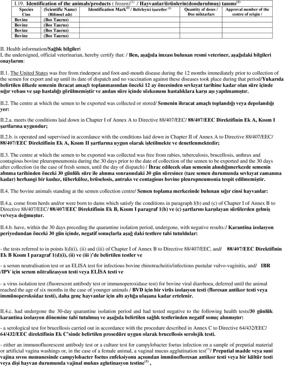 Health information/sağlık bilgileri I, the undersigned, official veterinarian, hereby certify that: / Ben, aşağıda imzası bulunan resmi veteriner, aşağıdaki bilgileri onaylarım: II.1.