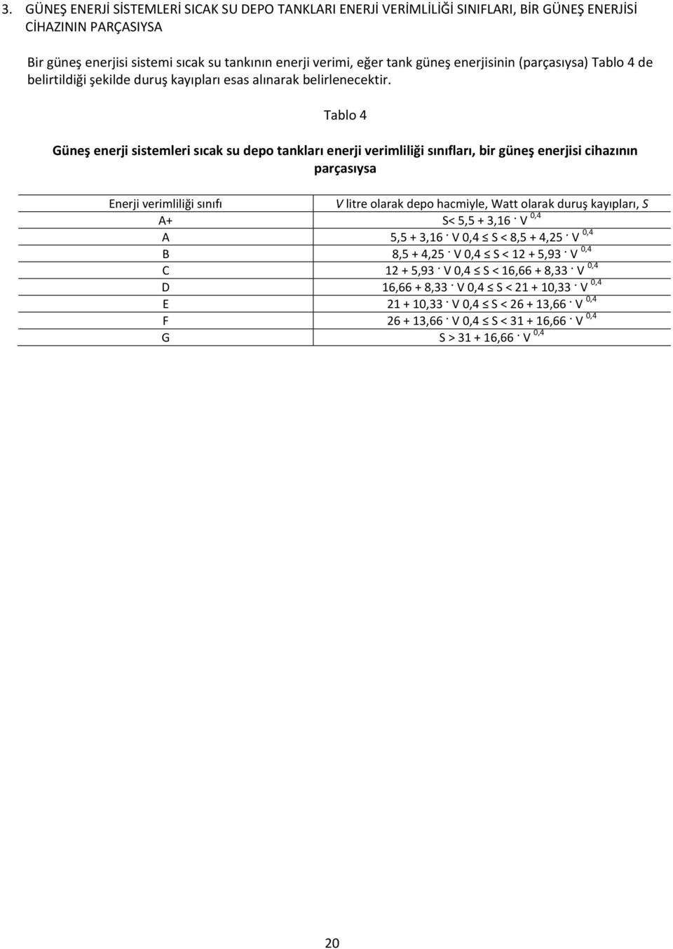 Tablo 4 Güneş enerji sistemleri sıcak su depo tankları enerji verimliliği sınıfları, bir güneş enerjisi cihazının parçasıysa Enerji verimliliği sınıfı V litre olarak depo hacmiyle, Watt olarak duruş