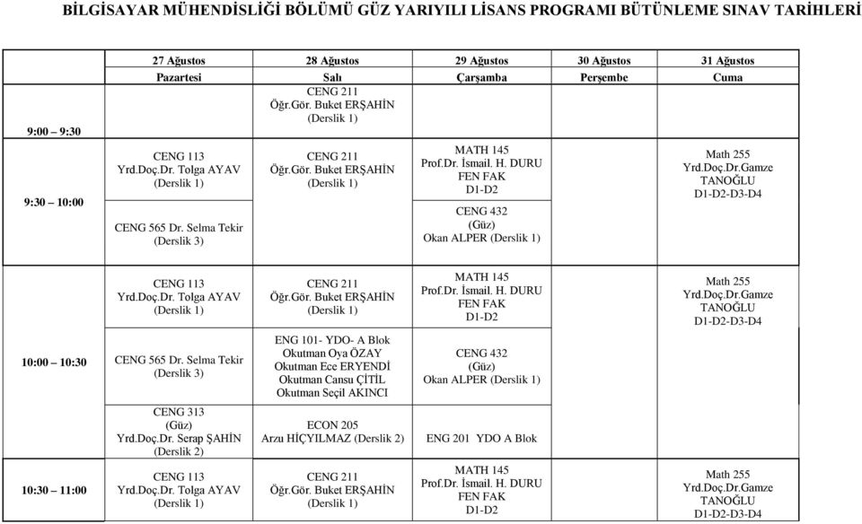 Dr. İsmail. H. DURU FEN FAK D1-D2 Math 255 Yrd.Doç.Dr.Gamze TANOĞLU D1-D2-D3-D4 10:00 10:30 CENG 565 Dr.