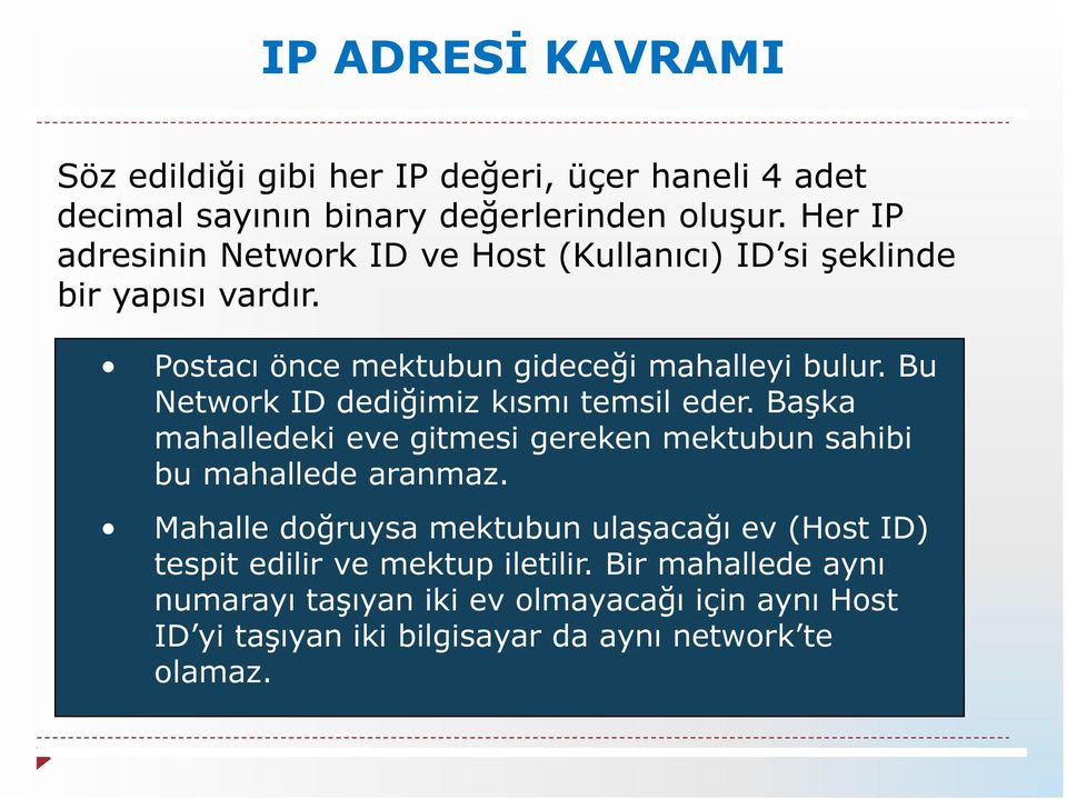 Bu Network ID dediğimiz kısmı temsil eder. Başka mahalledeki eve gitmesi gereken mektubun sahibi bu mahallede aranmaz.