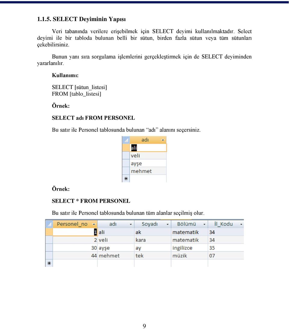 Bunun yanı sıra sorgulama işlemlerini gerçekleştirmek için de SELECT deyiminden yararlanılır.