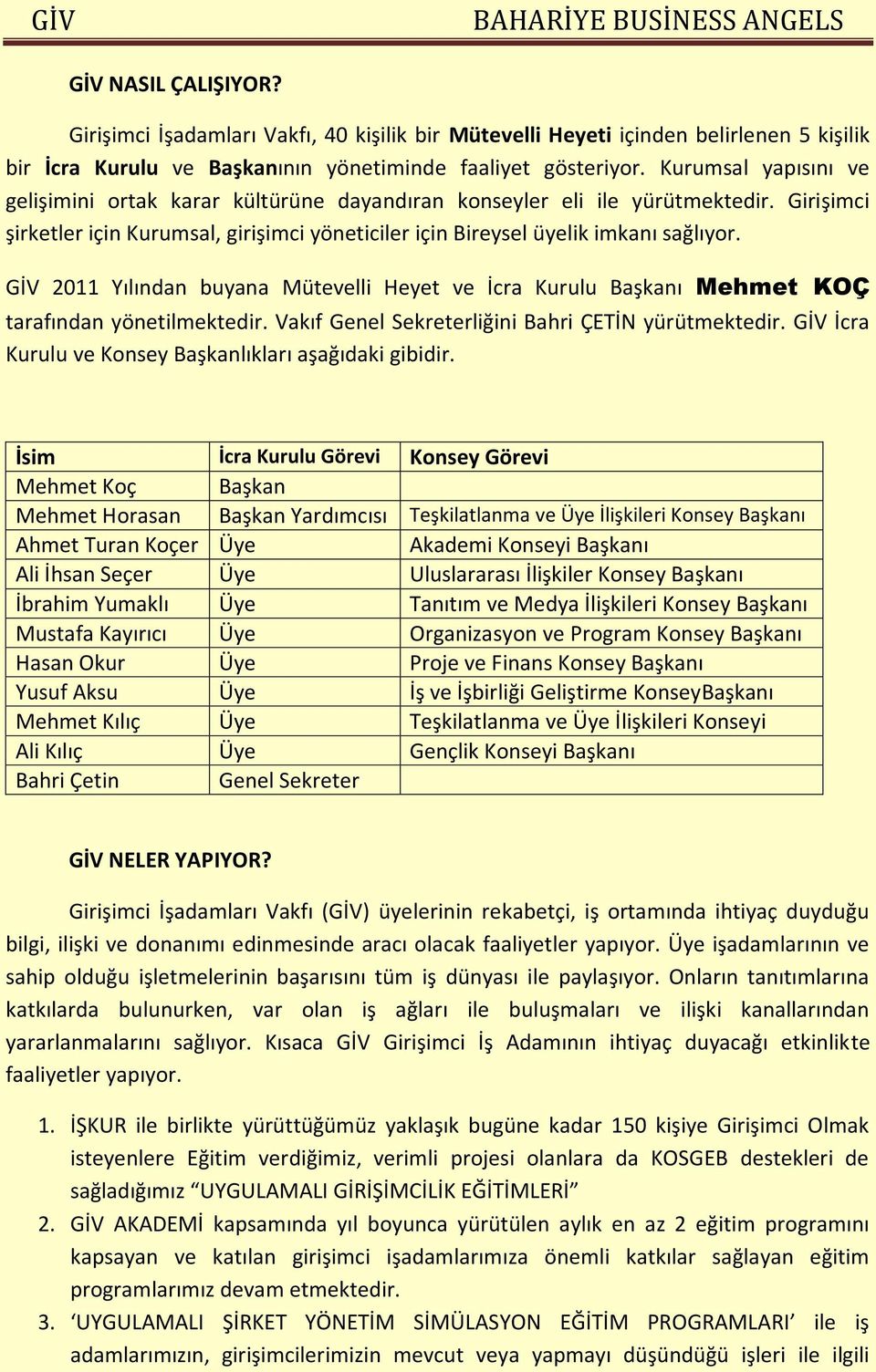 GİV 2011 Yılından buyana Mütevelli Heyet ve İcra Kurulu Başkanı Mehmet KOÇ tarafından yönetilmektedir. Vakıf Genel Sekreterliğini Bahri ÇETİN yürütmektedir.