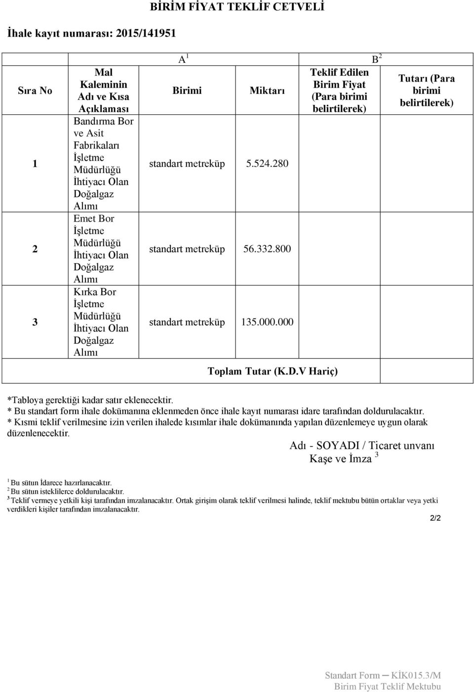 800 standart metreküp 35.000.000 Teklif Edilen Birim Fiyat (Para birimi belirtilerek) Tutarı (Para birimi belirtilerek) Toplam Tutar (K.D.V Hariç) *Tabloya gerektiği kadar satır eklenecektir.