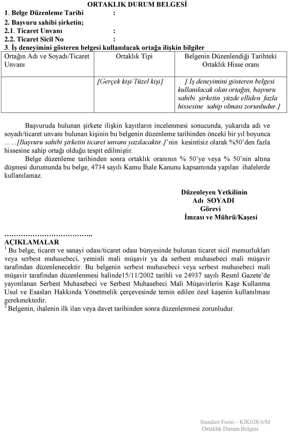 İş deneyimini gösteren belgesi kullanılacak olan ortağın, başvuru sahibi şirketin yüzde elliden fazla hissesine sahip olması zorunludur.