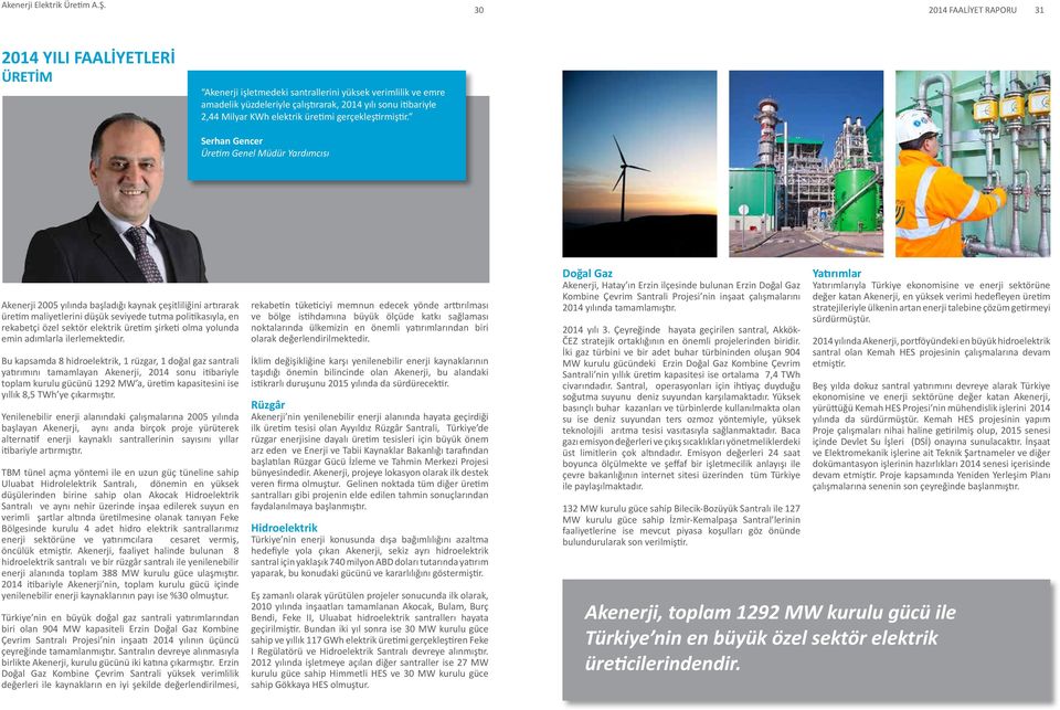 Serhan Gencer Üretim Genel Müdür Yardımcısı Akenerji 2005 yılında başladığı kaynak çeşitliliğini artırarak üretim maliyetlerini düşük seviyede ttma politikasıyla, en rekabetçi özel sektör elektrik