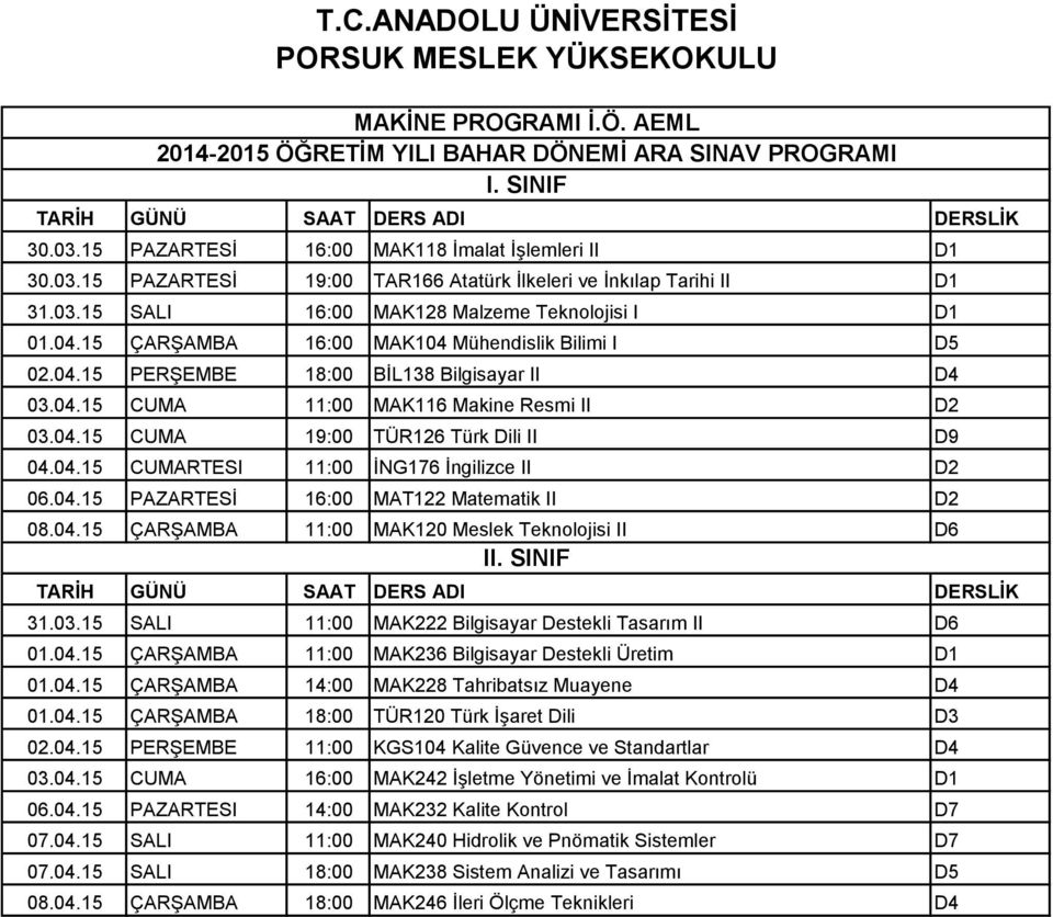 15 SALI 11:00 MAK222 Bilgisayar Destekli Tasarım II D6 01.04.15 ÇARŞAMBA 11:00 MAK236 Bilgisayar Destekli Üretim D1 01.04.15 ÇARŞAMBA 14:00 MAK228 Tahribatsız Muayene D4 02.04.15 PERŞEMBE 11:00 KGS104 Kalite Güvence ve Standartlar D4 03.