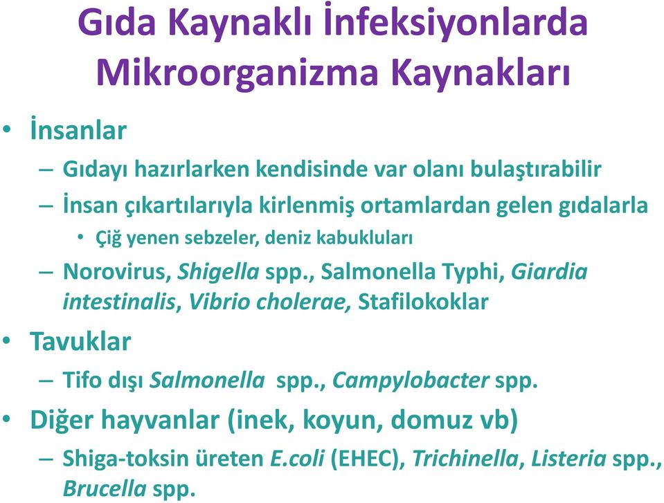 , Salmonella Typhi, Giardia intestinalis, Vibrio cholerae, Stafilokoklar Tavuklar Tifo dışı Salmonella spp.