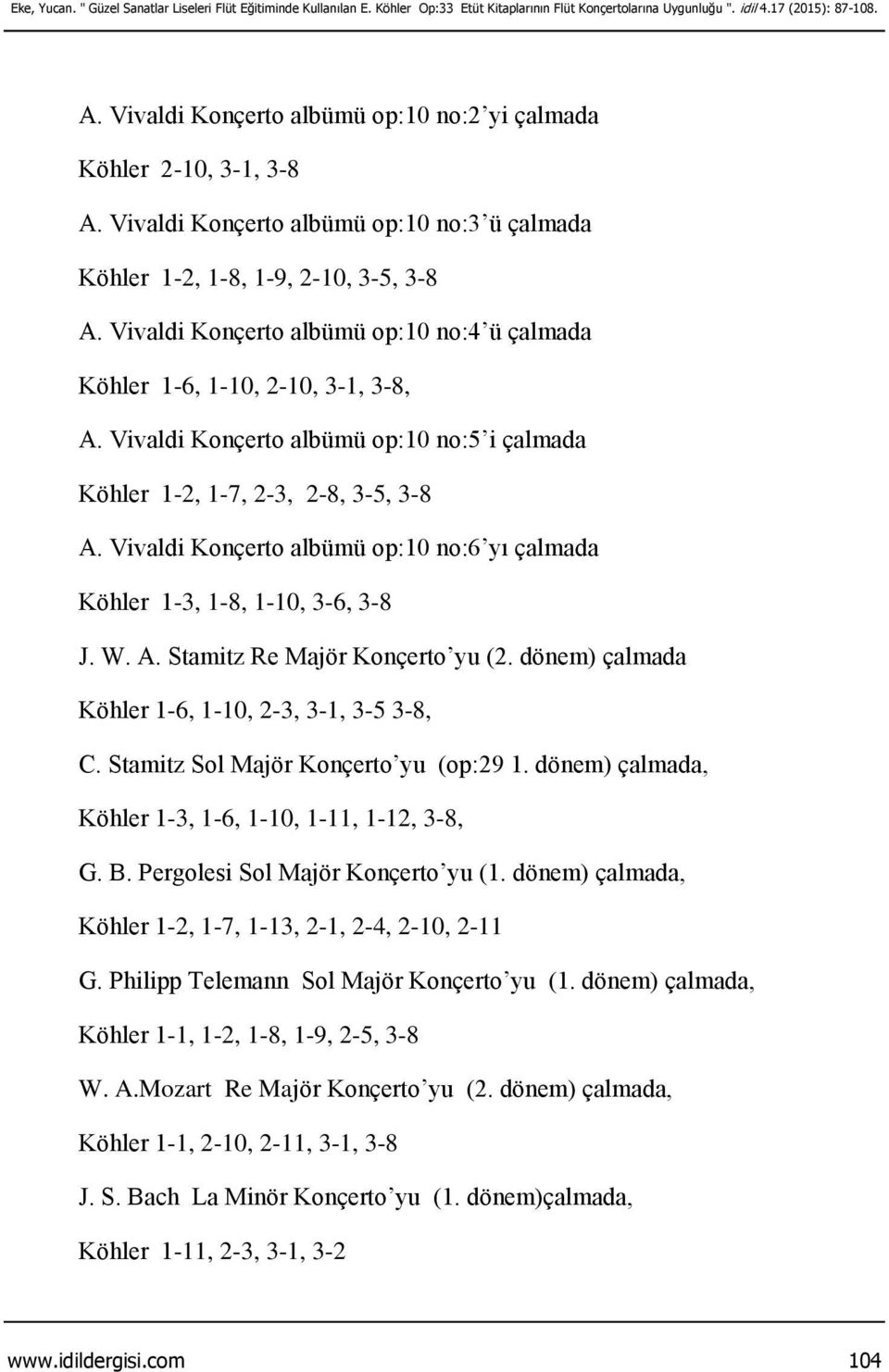 Vivaldi Konçerto albümü op:10 no:4 ü çalmada Köhler 1-6, 1-10, 2-10, 3-1, 3-8, A. Vivaldi Konçerto albümü op:10 no:5 i çalmada Köhler 1-2, 1-7, 2-3, 2-8, 3-5, 3-8 A.