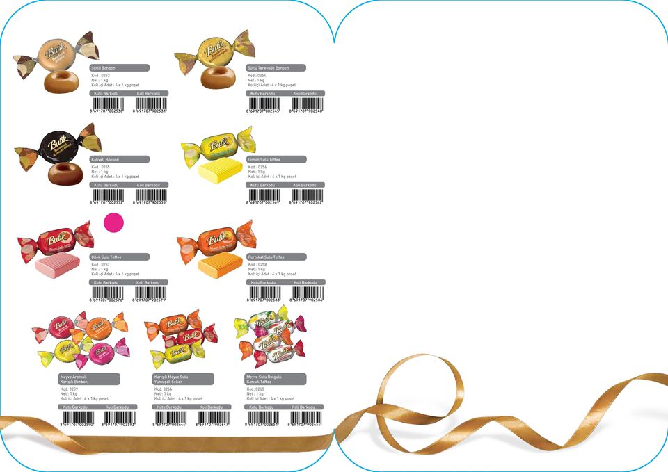 0257 Koli içi Adet : 4 x 1 kg poşet Kod : 0258 Koli içi Adet : 4 x 1 kg poşet Meyve Aromalı Karışık Bonbon Karışık Meyve Sulu Yumuşak Şeker