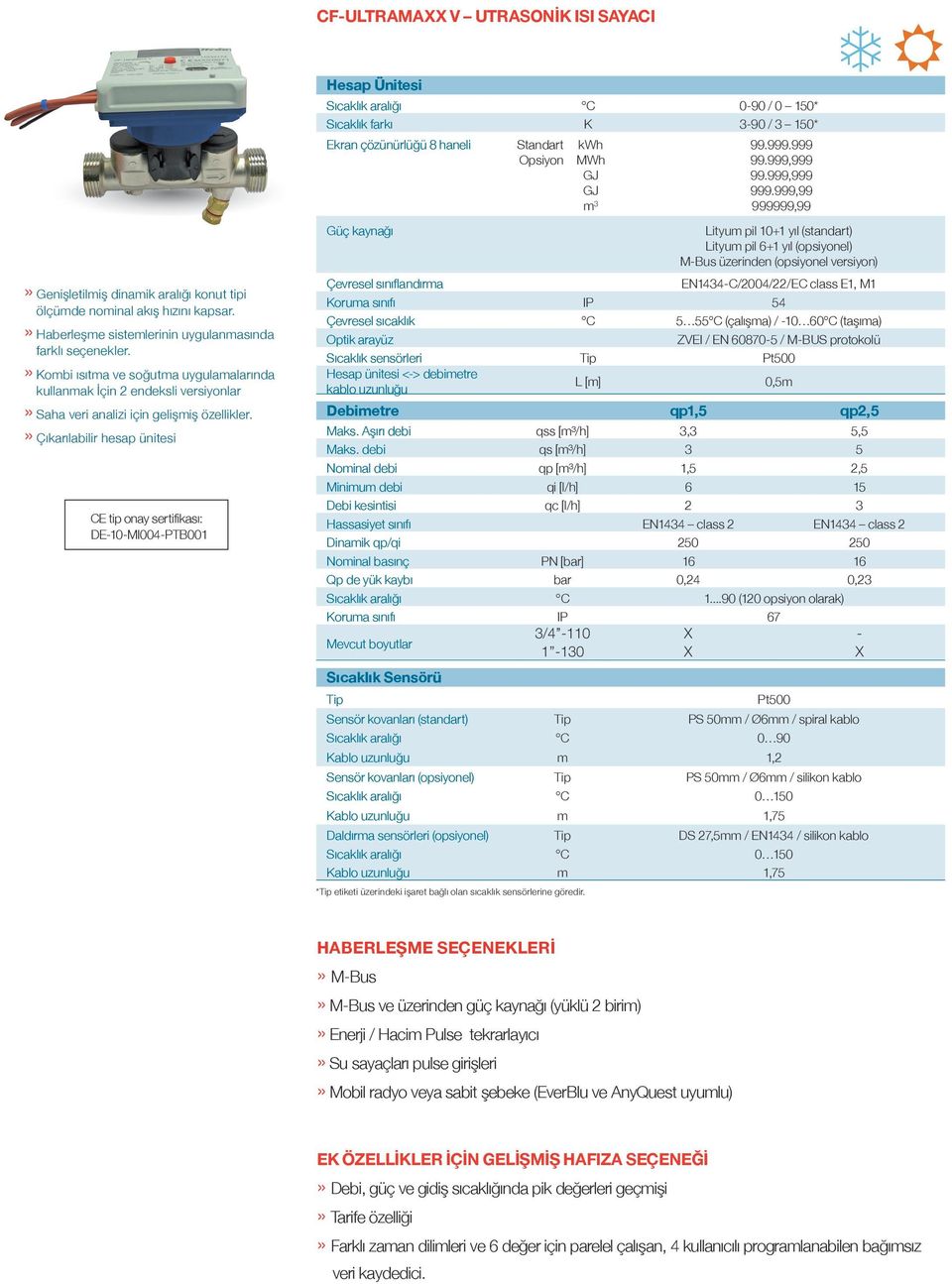 » Çıkarılabilir hesap ünitesi CE tip onay sertifikası: DE10MI004PTB001 Hesap Ünitesi Sıcaklık aralığı C 090 / 0 150* Sıcaklık farkı K 390 / 3 150* Ekran çözünürlüğü 8 haneli Standart Opsiyon kwh MWh