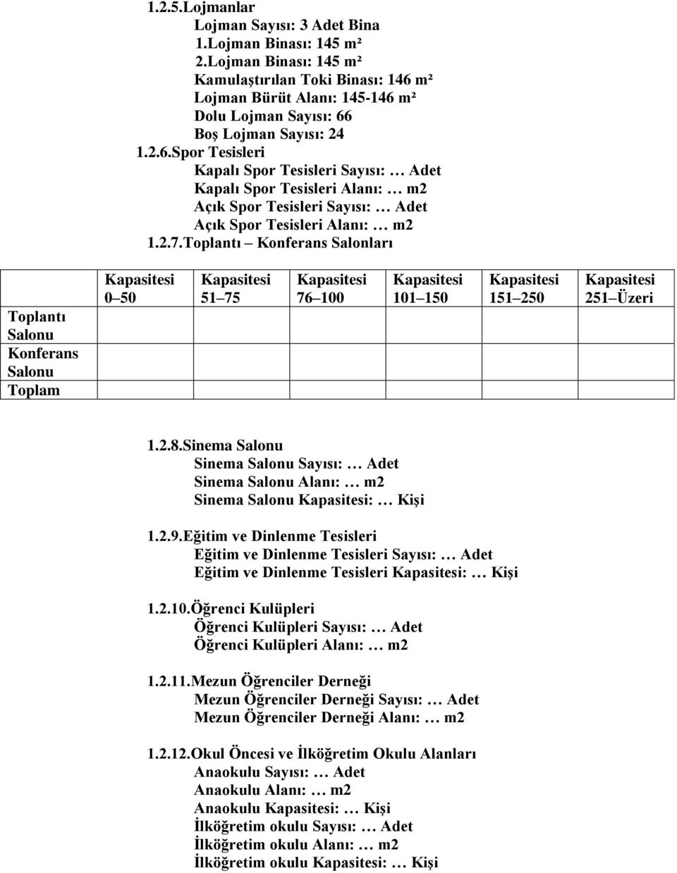 m² Lojman Bürüt Alanı: 145-146 m² Dolu Lojman Sayısı: 66 Boş Lojman Sayısı: 24 1.2.6.Spor Tesisleri Kapalı Spor Tesisleri Sayısı: Adet Kapalı Spor Tesisleri Alanı: m2 Açık Spor Tesisleri Sayısı: Adet Açık Spor Tesisleri Alanı: m2 1.