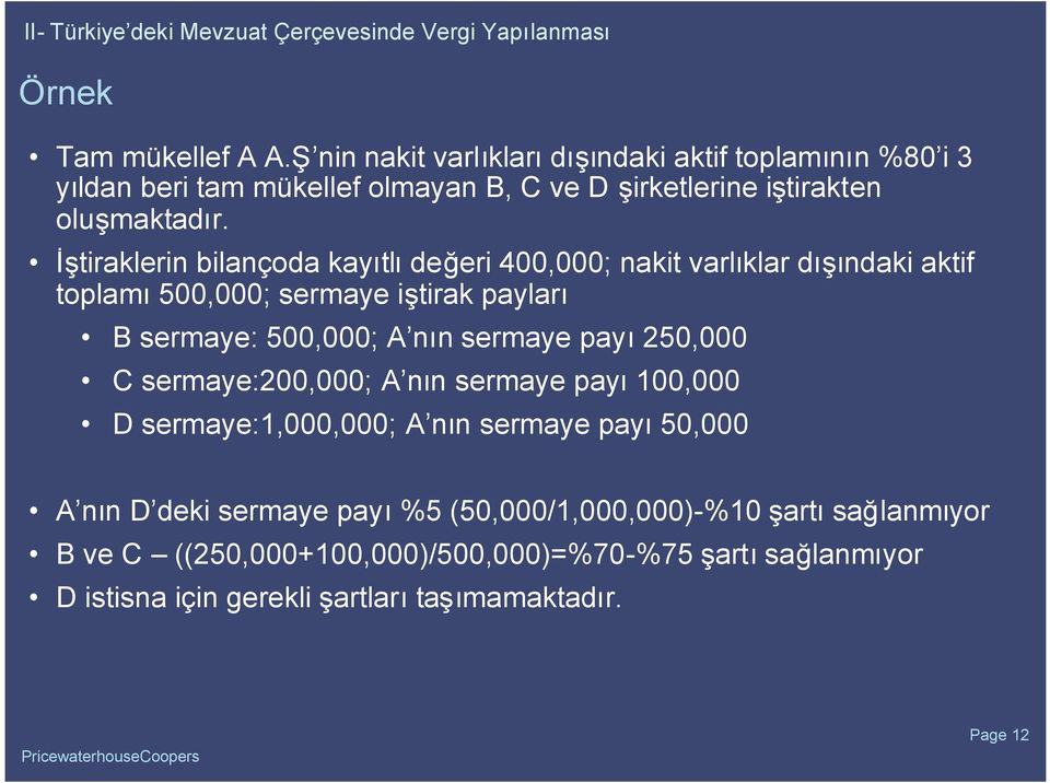 İştiraklerin bilançoda kayıtlıdeğeri 400,000; nakit varlıklar dışındaki aktif toplamı500,000; sermaye iştirak payları B sermaye: 500,000; A nın sermaye payı250,000