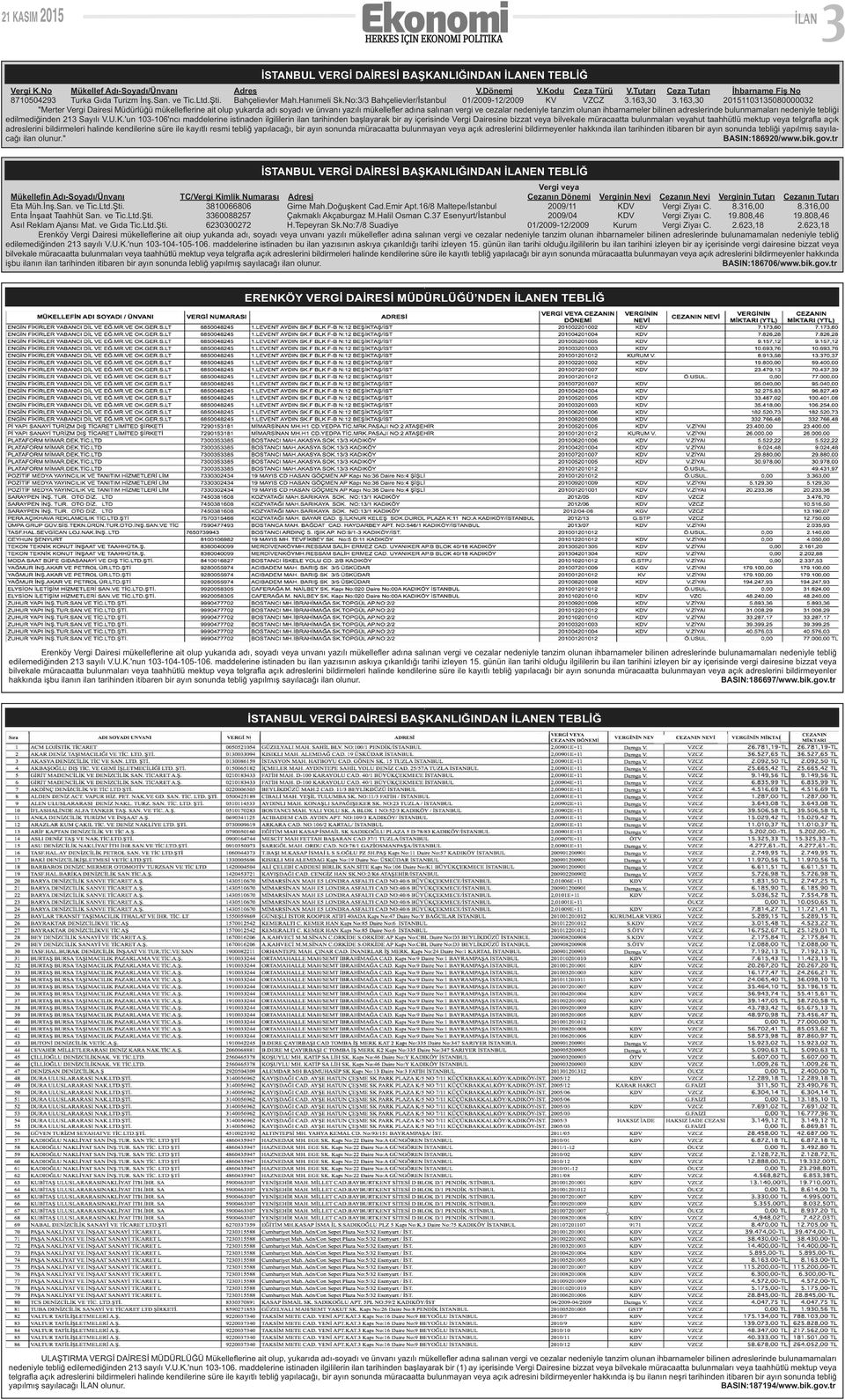 163,30 20151103135080000032 "Merter Vergi Diresi Müdürlüğü mükelleflerine it olup yukrd dı soydı ve ünvnı yzılı mükellefler dın slınn vergi ve cezlr nedeniyle tnzim olunn ihbrnmeler bilinen